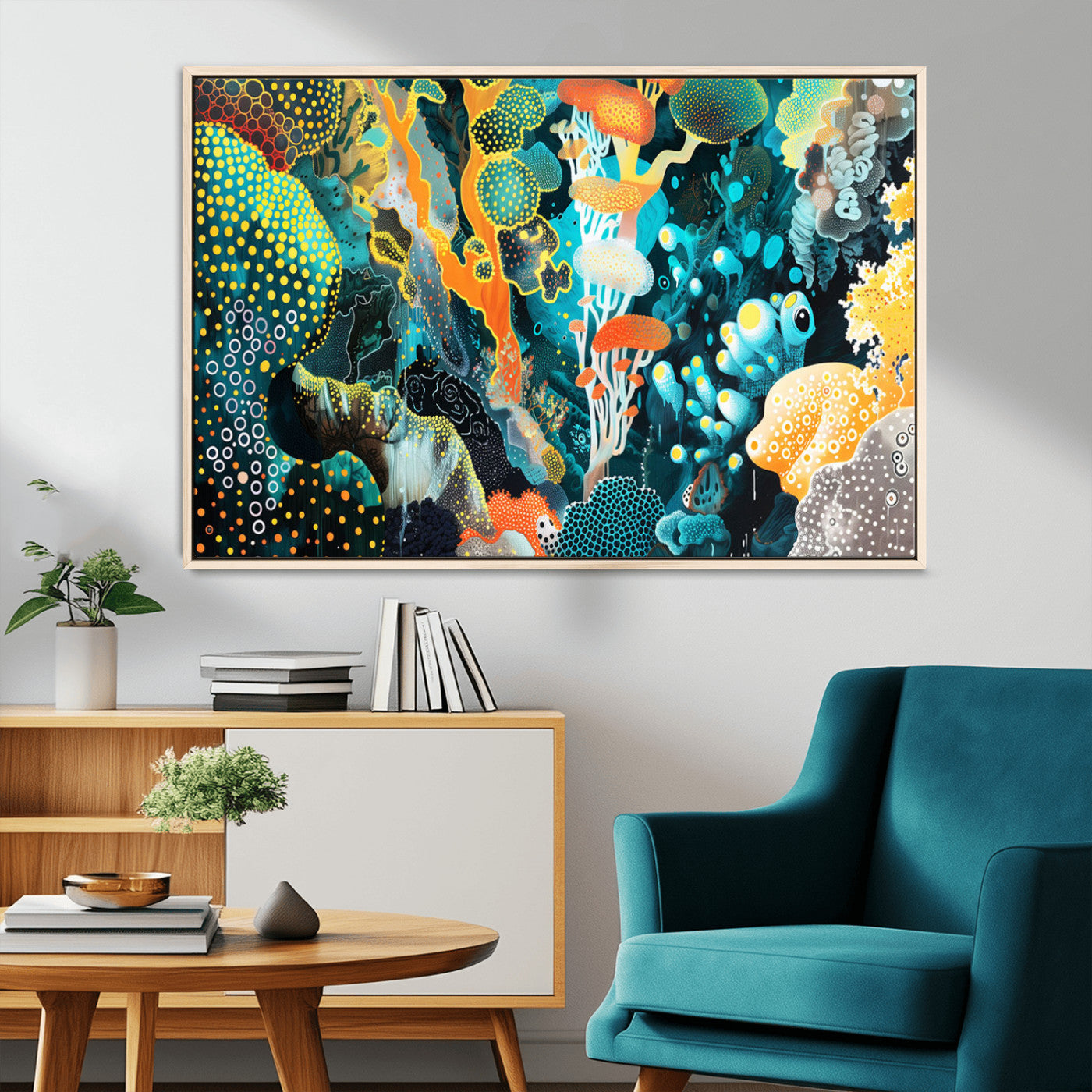 Colorful abstract coral reef scene featuring vibrant underwater plants, marine patterns, and fluid organic shapes – Wall Art Canvas Print.