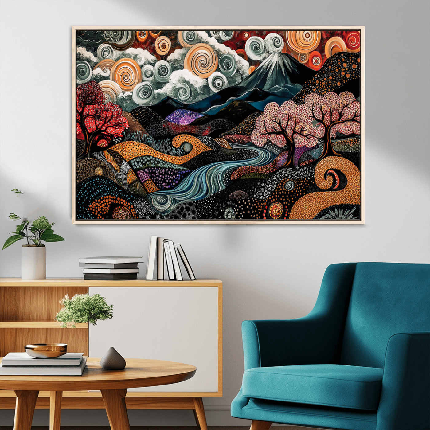 Vibrant abstract landscape painting featuring swirling clouds, colorful trees, flowing river, and textured hills under a mountain – Wall Art Canvas Print.