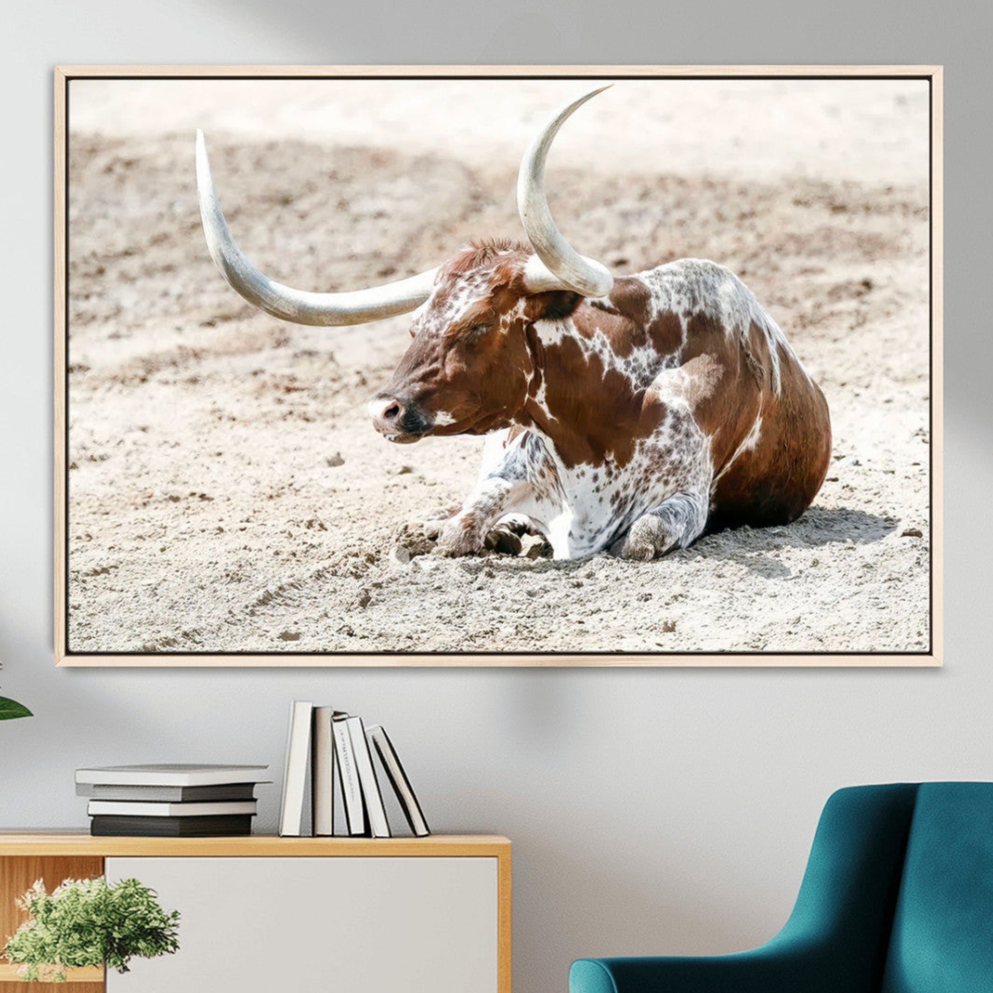 -Majestic Longhorn Wall Art Canvas Print – Resting on Sunlit Desert Ground Striking Western-Themed Artwork for Home, Office