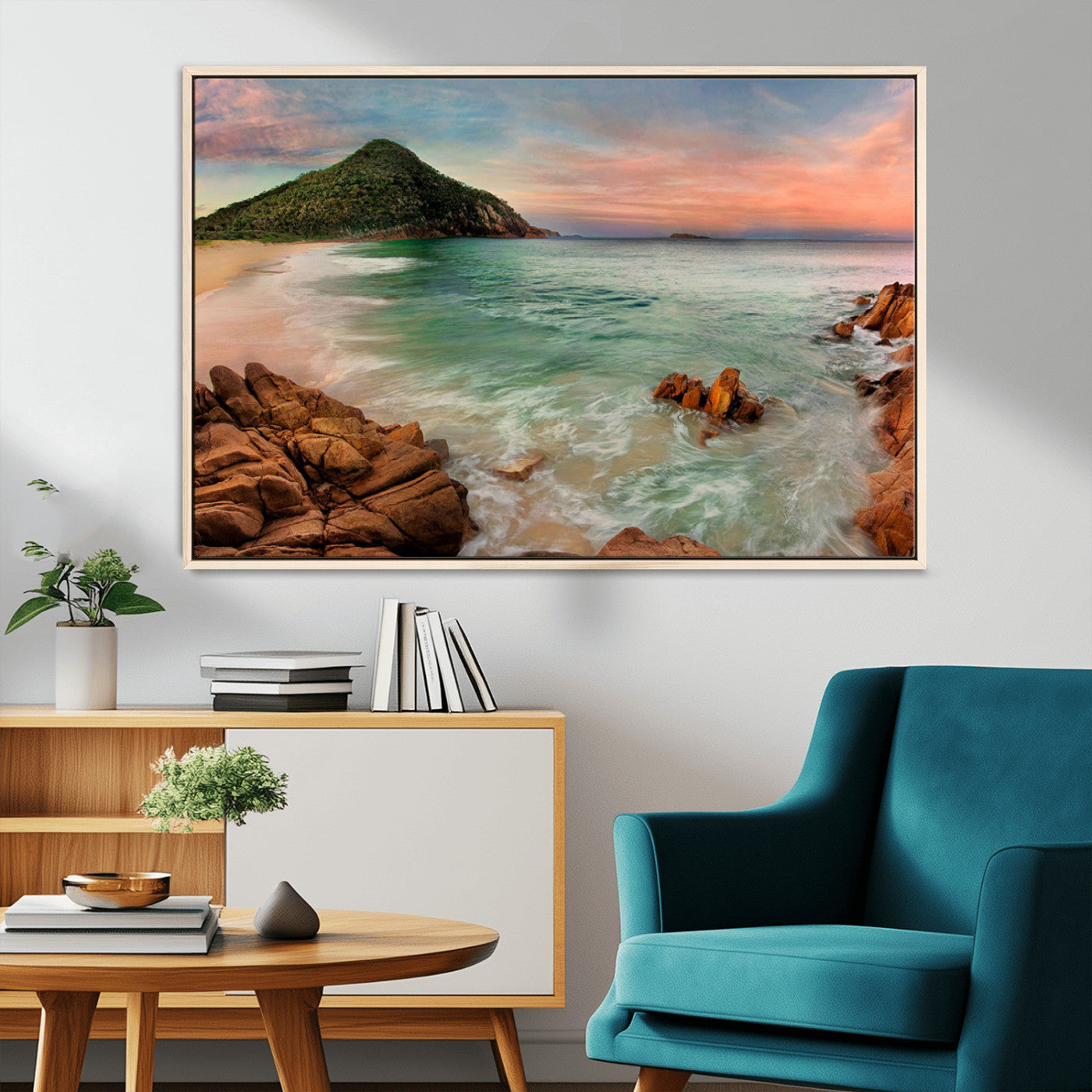 53831025-MGV-FC-36X24_Natural-Stunning Coastal Landscape with Rocky Shore and Green Hills at Sunset – Beautiful Ocean View Wall Art Canvas Print for Serene Home Decor.
