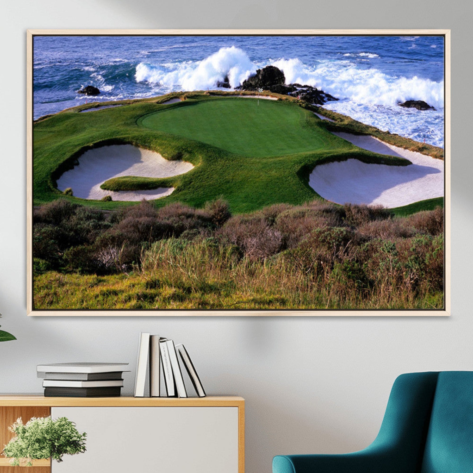 22776914-MGV-FC-36X24-Ocean Cliff Golf Course Wall Art Canvas Print – Waves Crashing, Green Sand Traps, Coastal Landscape Artwork for Home, Office