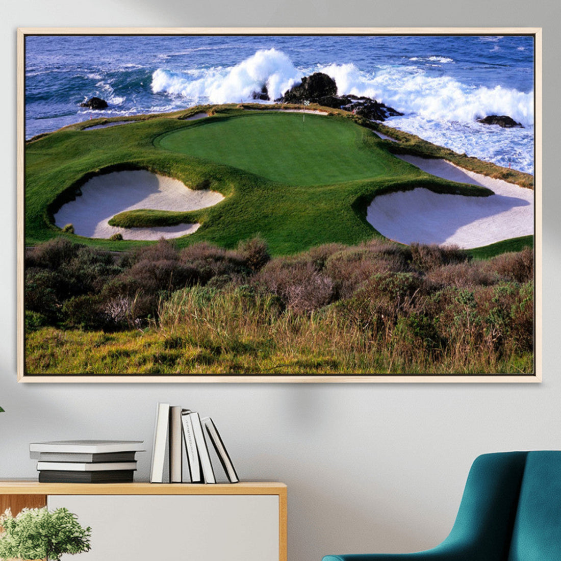 Ocean Cliff Golf Green Canvas Print, Framed Majestic Coastal Golf Course Scene