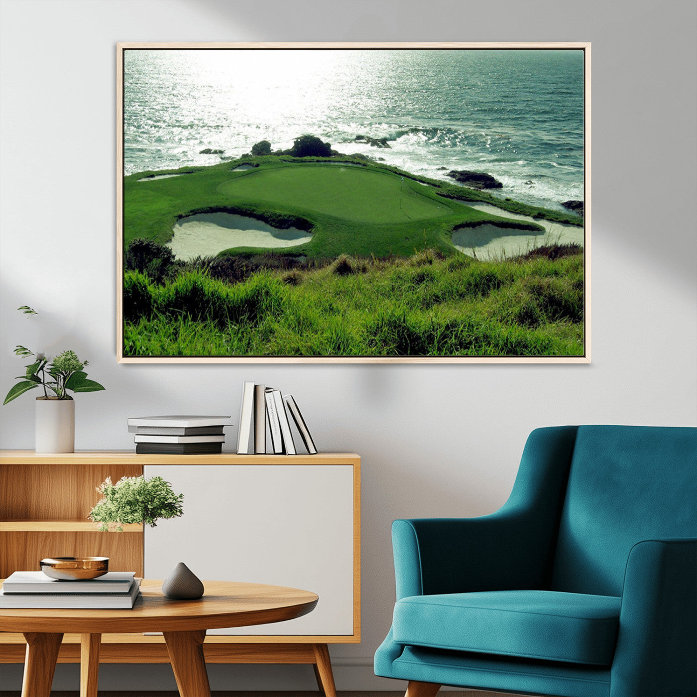 48473947-MGV-CV-36X24-Coastal Golf Course Wall Art Canvas Print – Scenic Green Surrounded by Sand Bunkers and Ocean Waves Artwork for Home, Office