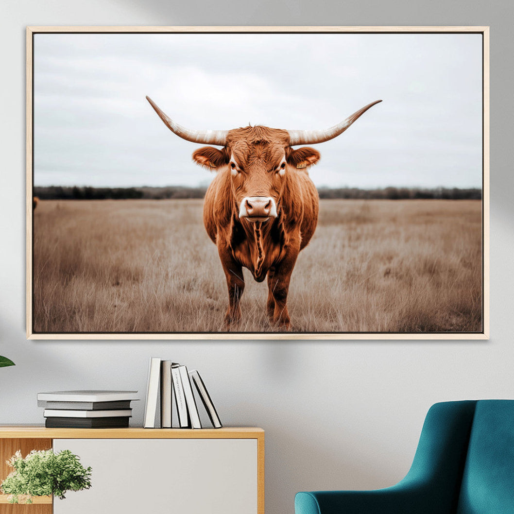 16316734-MGV-CV-36X24-Longhorn Bull Wall Art Canvas Print – Framed Rustic Countryside Scene Art Picture Natural Beauty Artwork for Home, Office