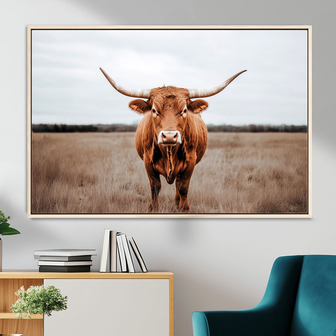 Longhorn Bull Wall Art Canvas Print, Framed Rustic Decor