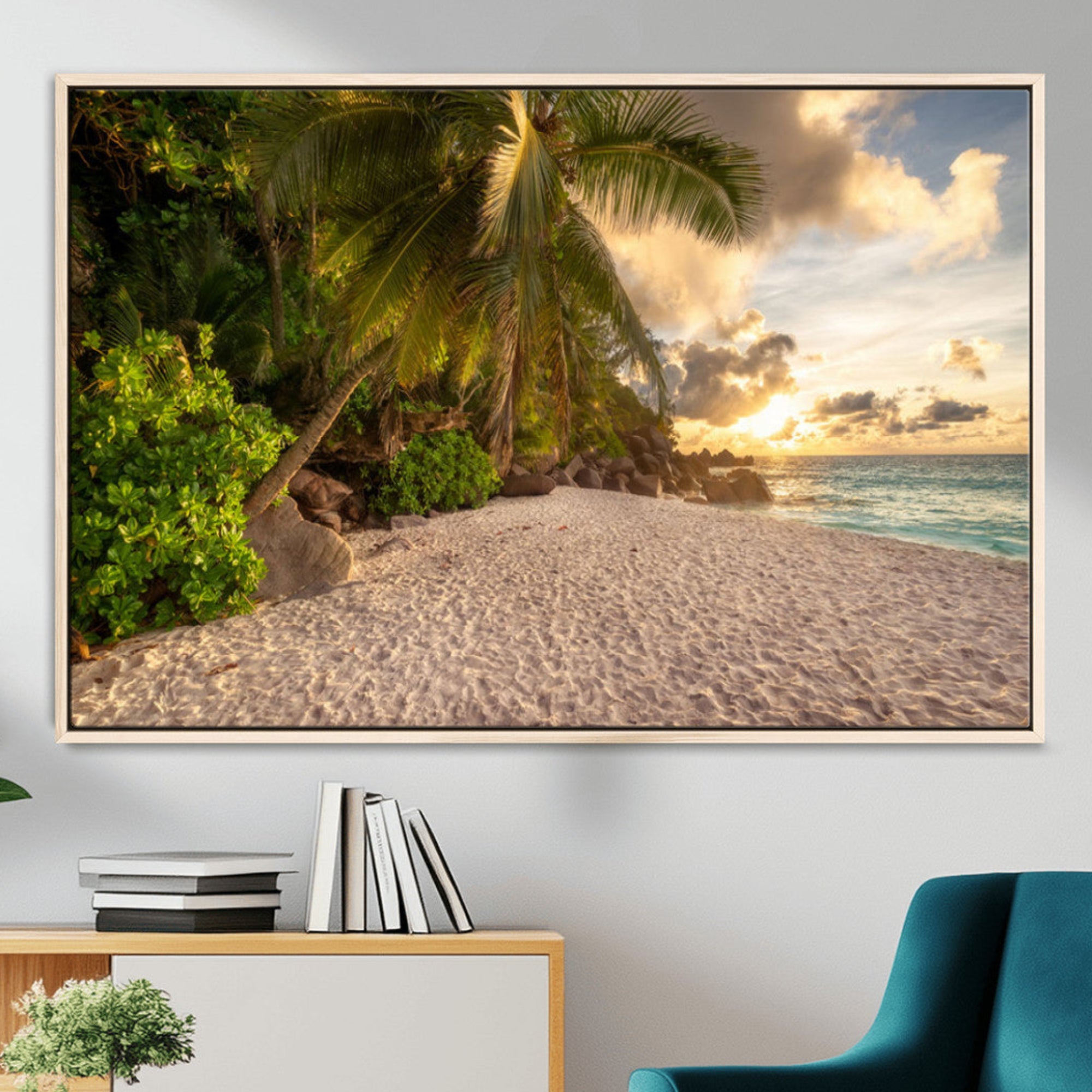 89531159-MGV-CV-36X24-Tropical beach sunset, palm trees, white sand, ocean waves, golden sky, serene landscape, nature