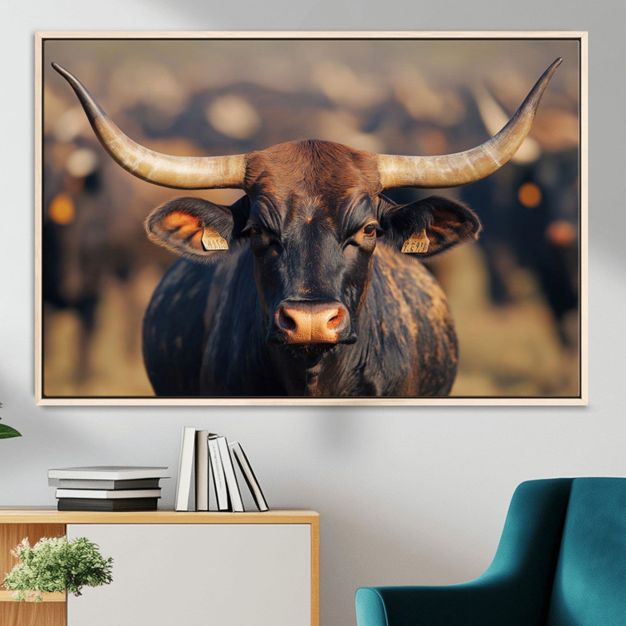 35515971-MGV-FC-36X24_Natural-Majestic bull head close-up, long curved horns, detailed fur texture, warm sunlight, focused gaze, Wall Art Canvas Print