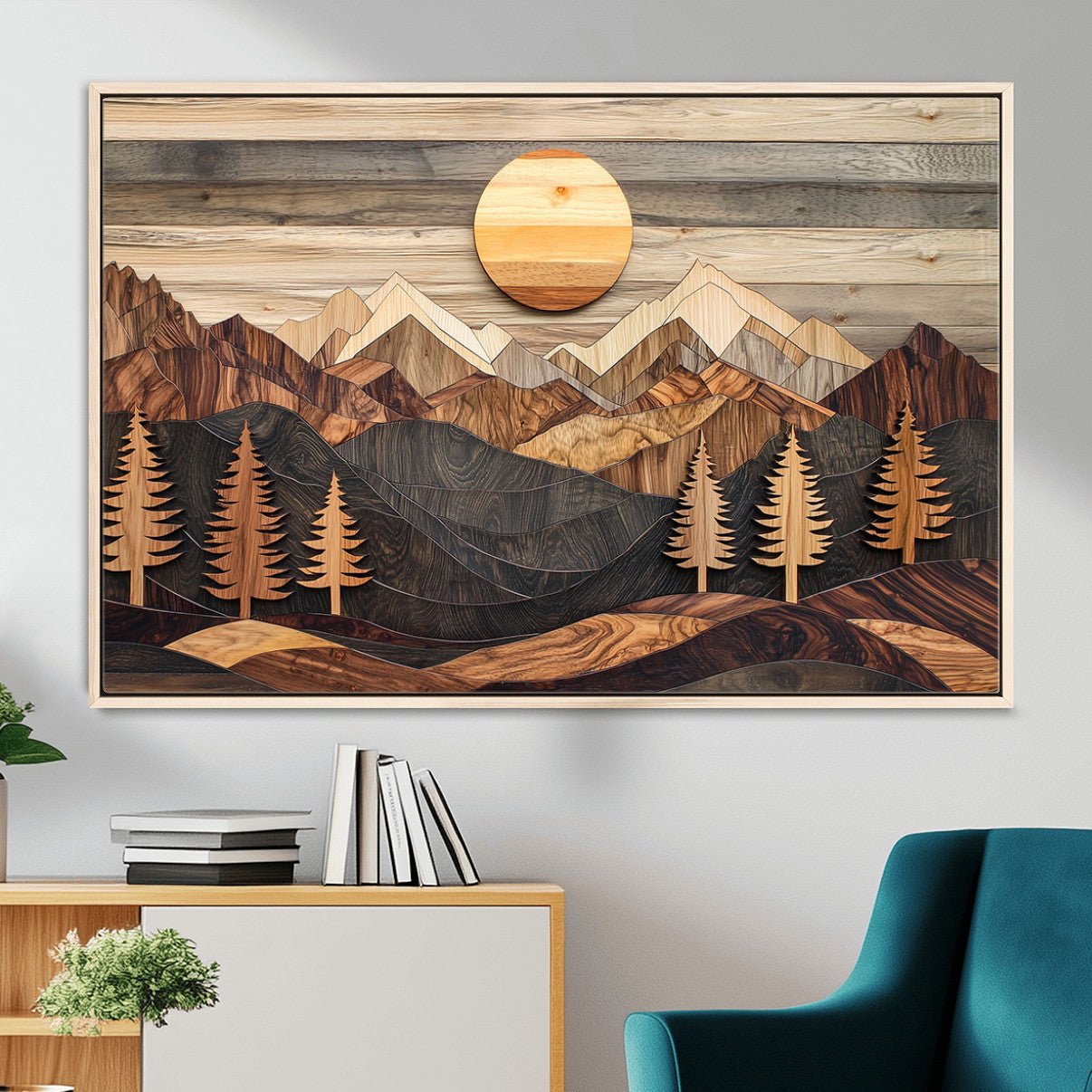 19832326-MGV-FC-36X24 - Wooden Mountain Landscape Layered Texture Geometric Shapes Sun Pine Trees Rustic Natural Tones Art