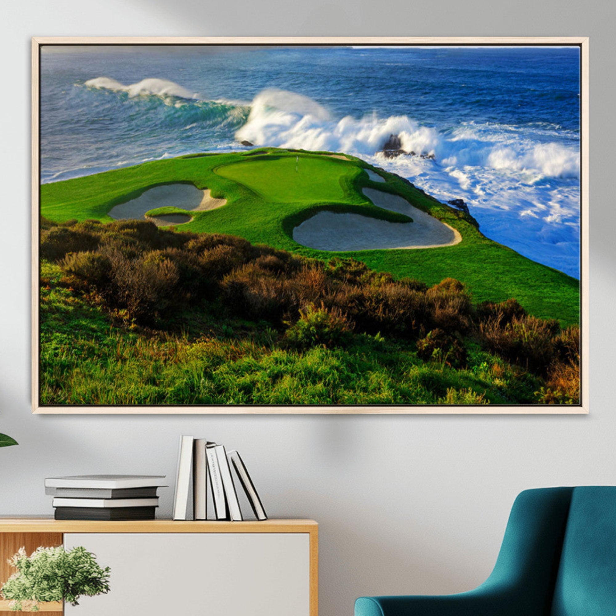 13644055-MGV-CV-36X24-Ocean Cliffside Golf Course Green Waves Surf Sand Bunker Scenic Coastal Landscape Nature Wall Art