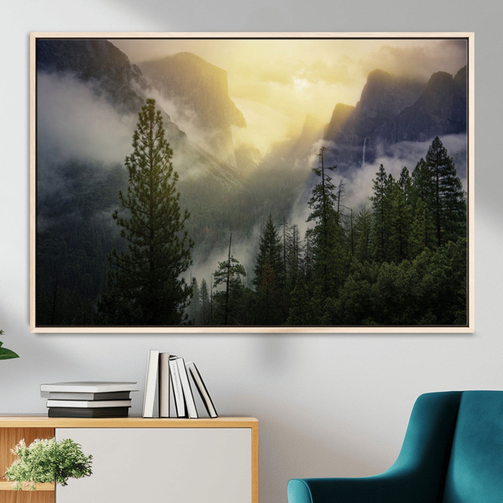 38316884-MGV-CV-36X24-Misty Forest Sunrise Mountain Valley Pine Trees Foggy Landscape Nature Scenic Outdoors Calm Tranquil