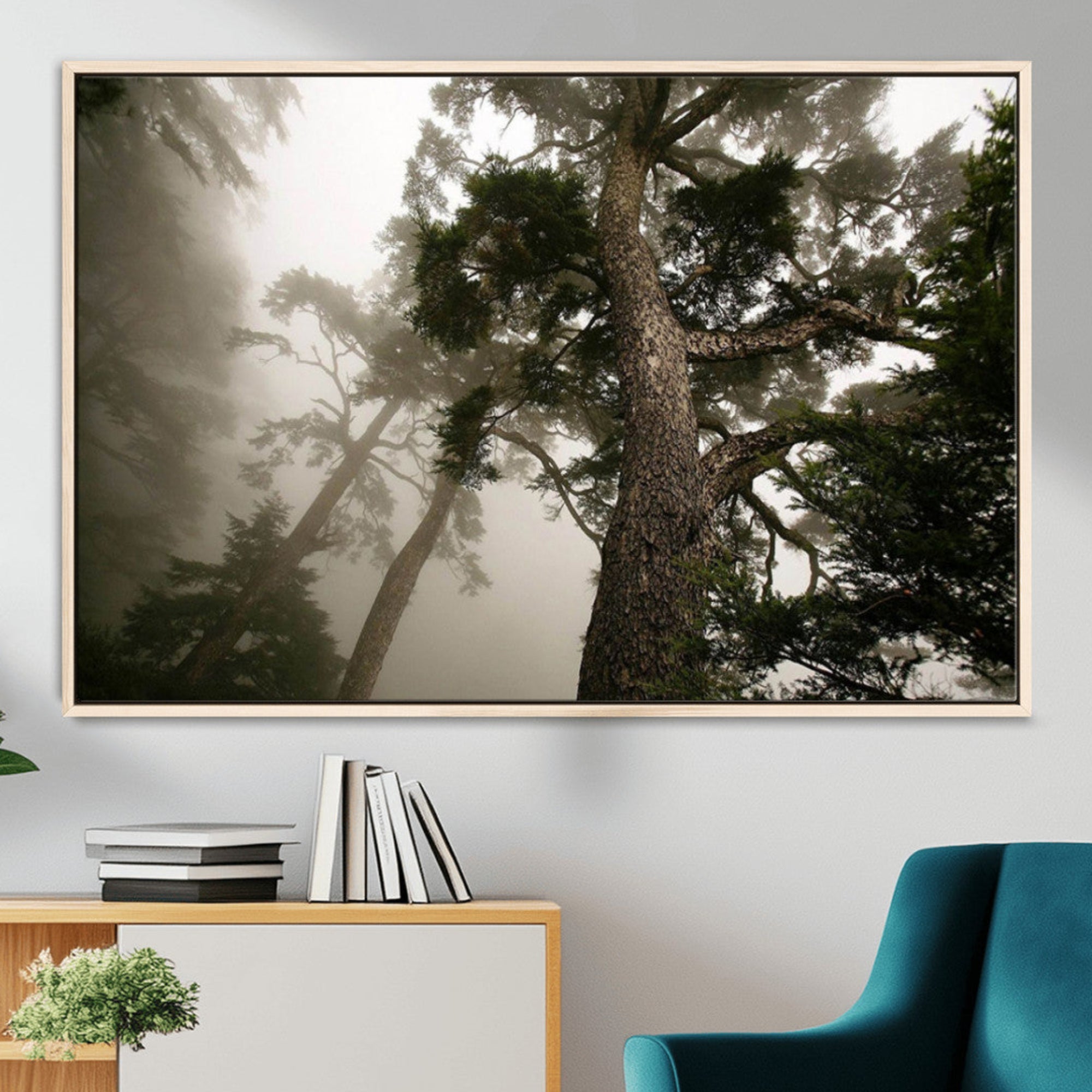 87969493-MGV-FC-36X24_Natural-Misty Forest Wall Art Canvas Print, Tall Trees and Foggy Atmosphere Creating Calm Wooded Landscape Decor for Home, Office