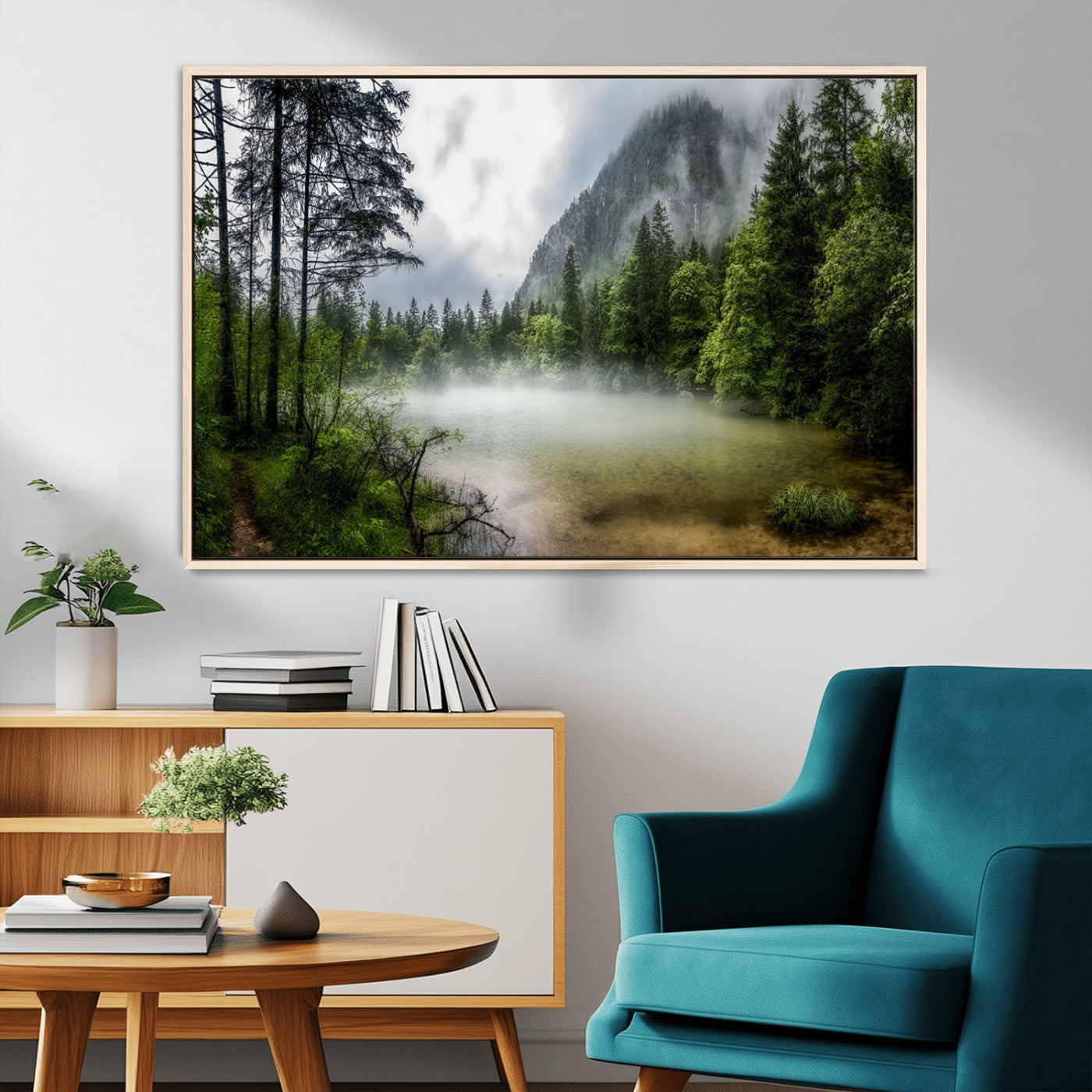 93123937-MGV-FC-36X24_Natural-Misty Lake Forest Green Trees Calm Water Reflection Mountain Fog Nature Landscape Outdoor Scenic Beauty Wall Art Canvas Print