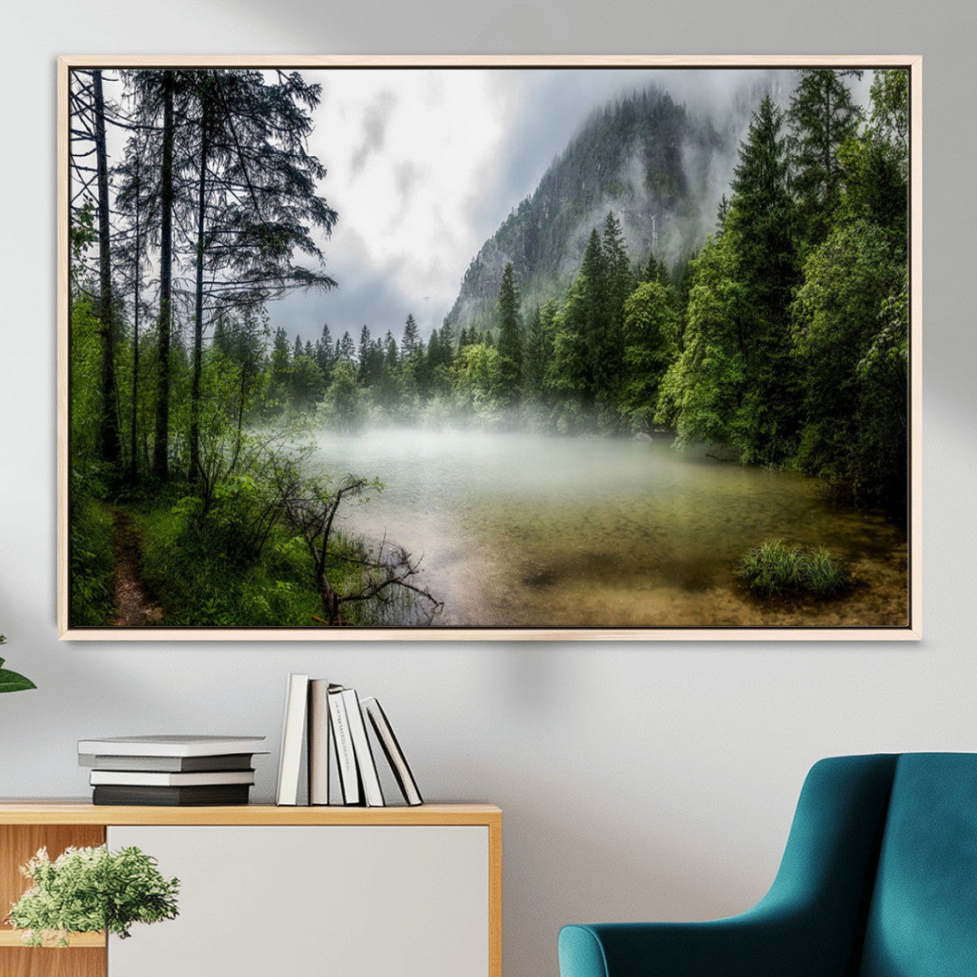 93123937-MGV-FC-36X24_Natural-Misty Lake Forest Wall Art Canvas Print, Green Trees and Calm Water Reflection with Mountain Fog Decor for Home, Office