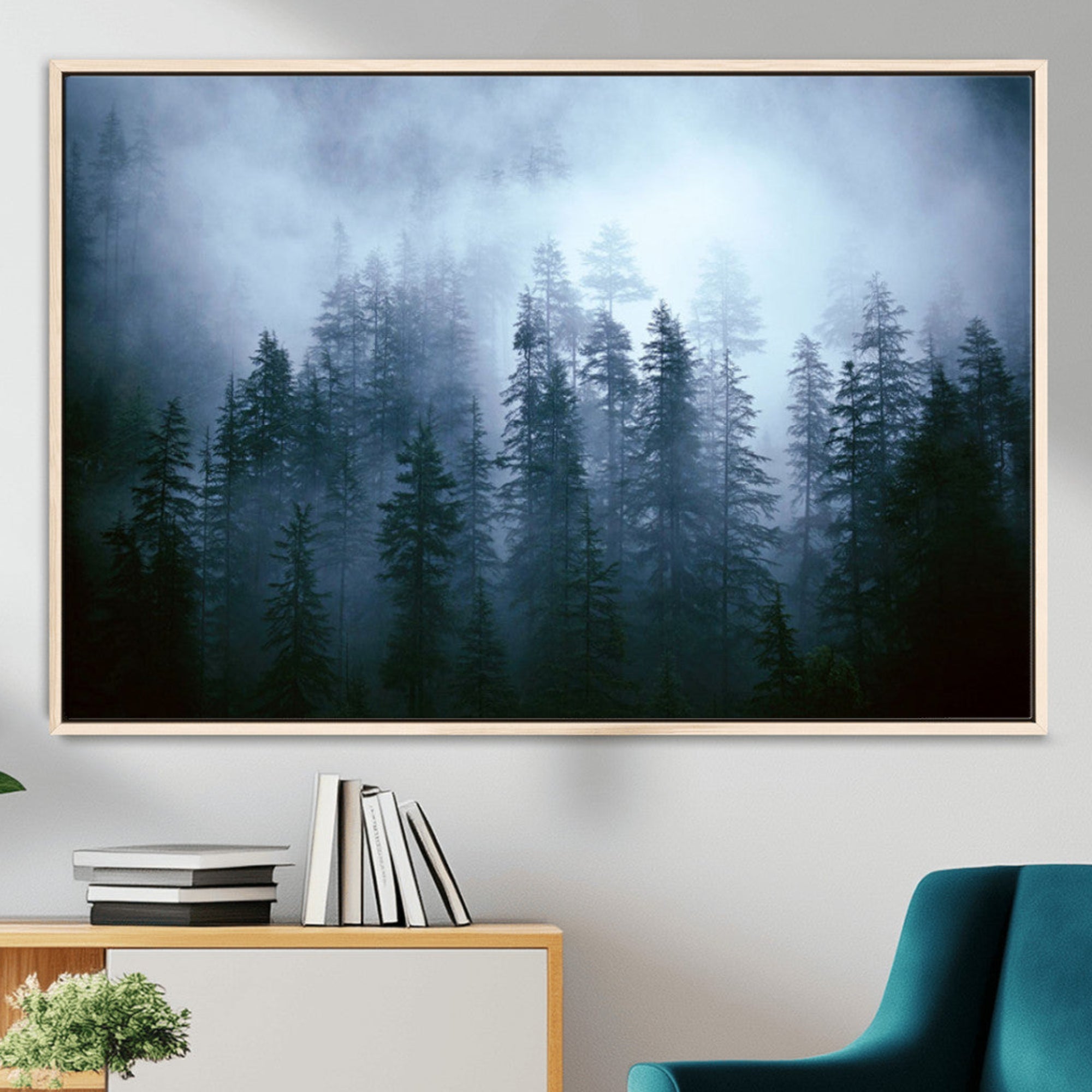 93439624-MGV-CV-36X24-Foggy Evergreen Pines Mist Forest Blue Haze Moody Atmospheric Wilderness Nature Trees Scenic
