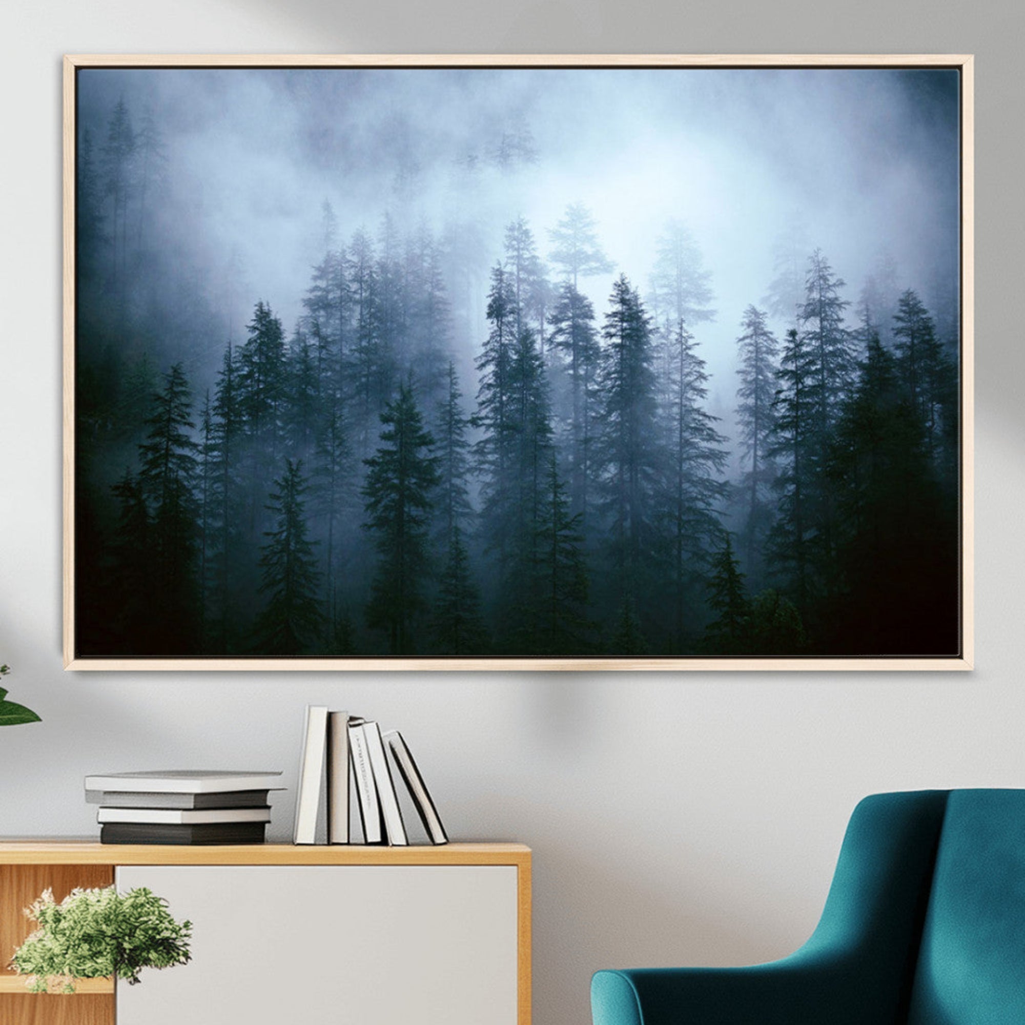 93439624-MGV-FC-36X24_Natural-Foggy Evergreen Pines Wall Art Canvas Print, Mist Forest and Blue Haze Wilderness Scenic Nature Decor for Home, Office