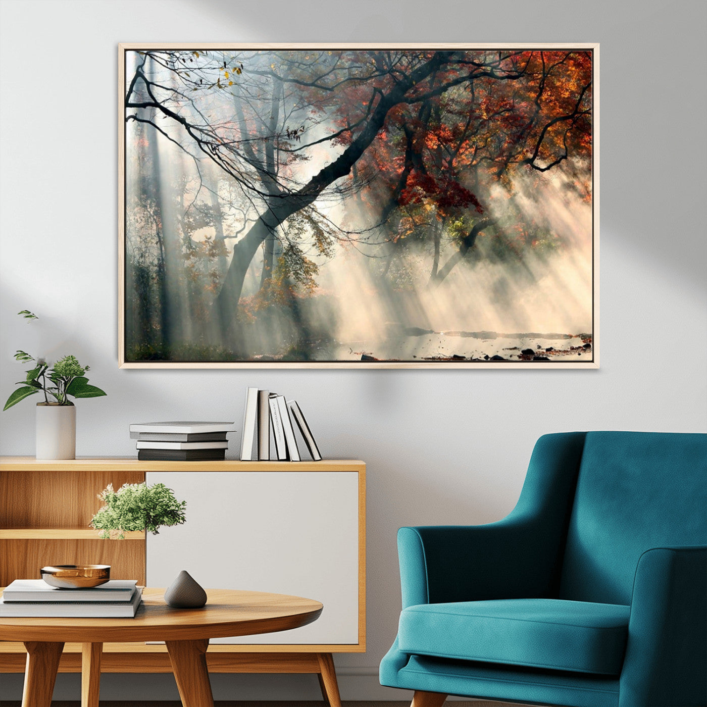 36043878-MGV-CV-36X24-Sunlit Autumn Forest Wall Art Canvas Print – Framed Mist Trees Scene with Peaceful Rays Artwork for Home, Office