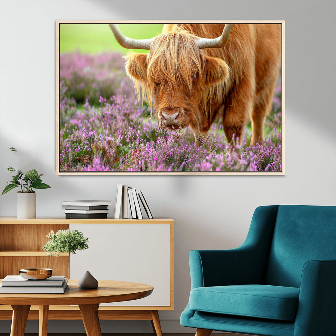 Highland Cow Wall Art, Purple Flowers Pasture, Rustic Scenic Meadow Canvas Print