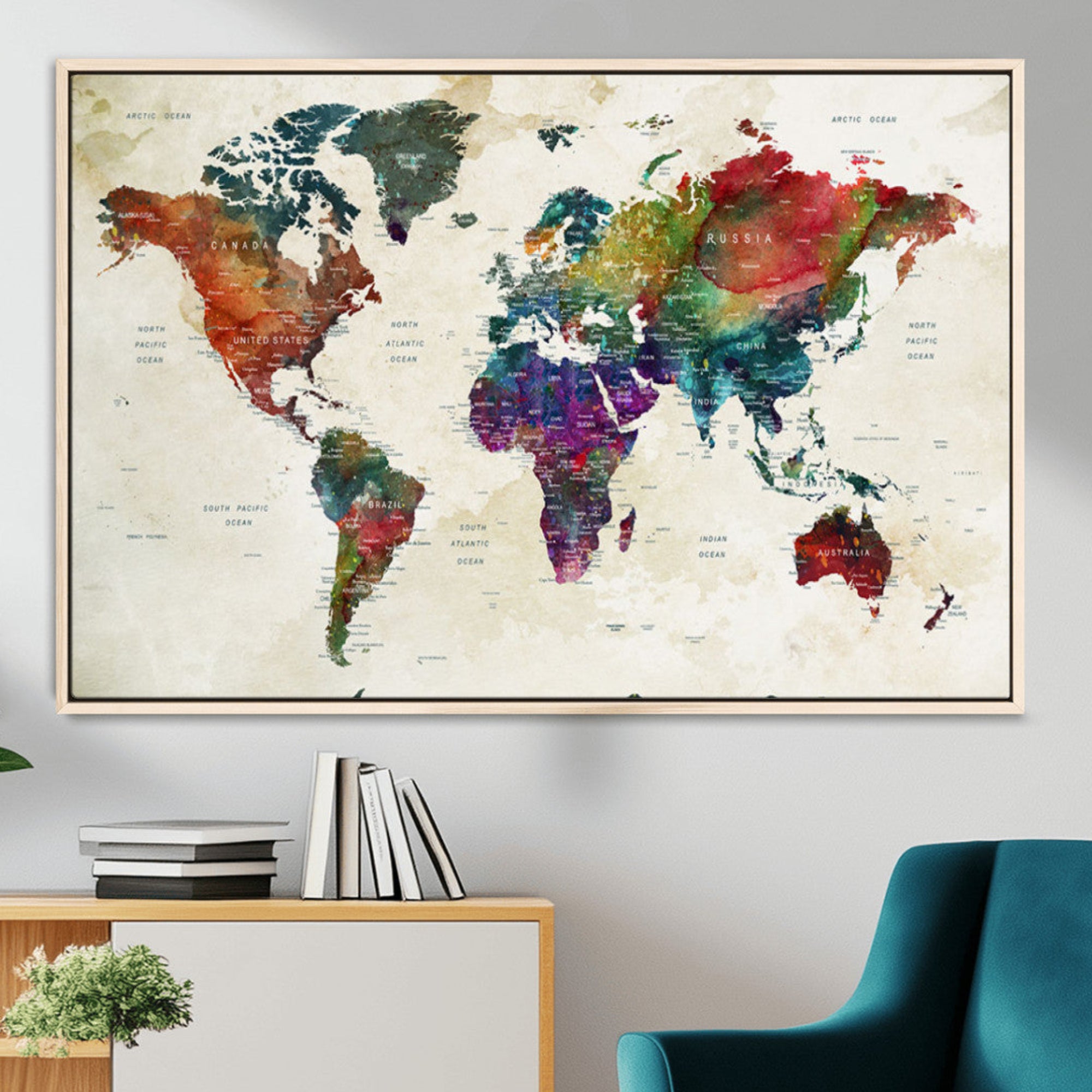 27689508-MGV-FC-36X24_Natural-Vibrant Watercolor World Map Wall Art – Stunning Multicolor Globe Canvas Print Decor for Home, Living Room, Office