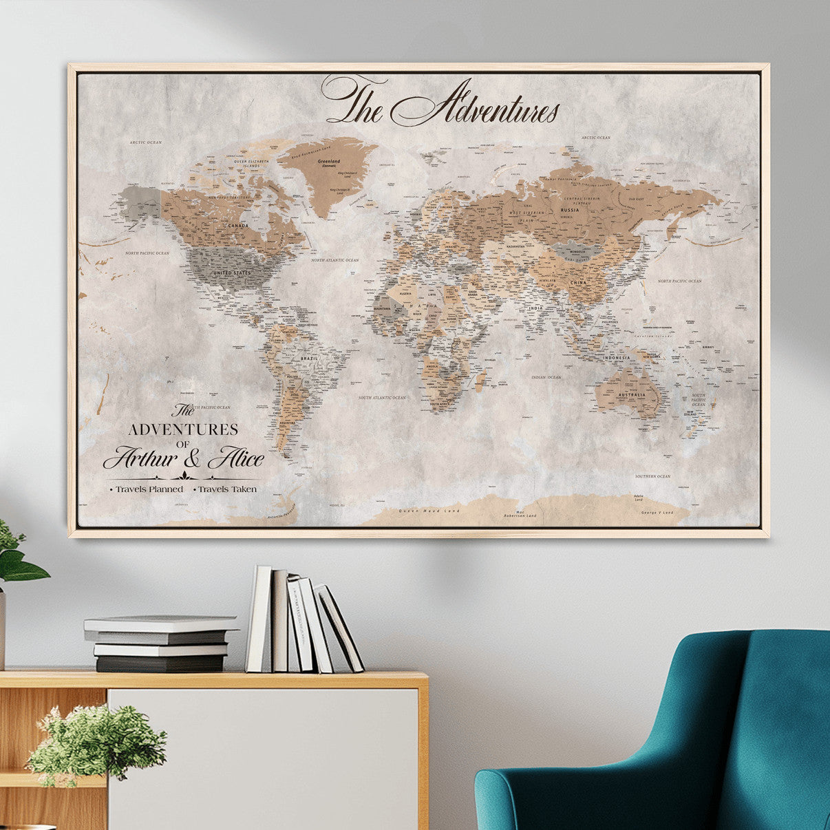 91774967-MGV-FC-36X24 - Personalized Push Pin World Map Canvas Print – Custom Framed Travel Tracker Artwork for Couples or Home Decor