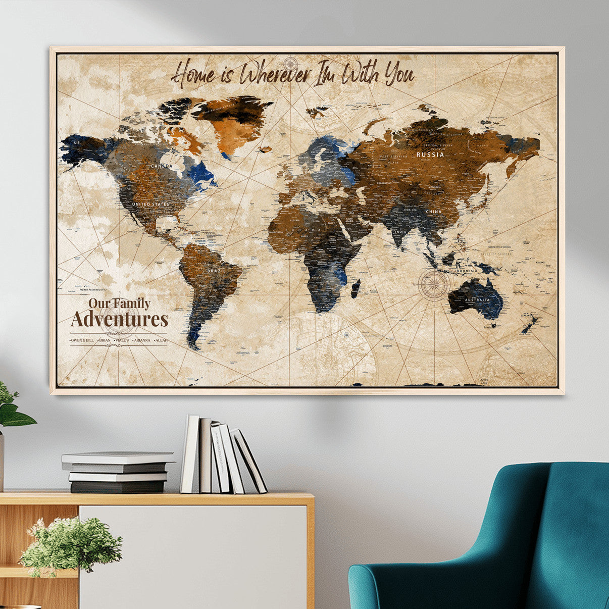 37709027-MGV-FC-36X24 - Customized Push Pin World Map Wall Art Canvas Print with Pins, Vintage Personalized Travel Tracker Map, Framed World Map for Living Room, Office and Home Decor