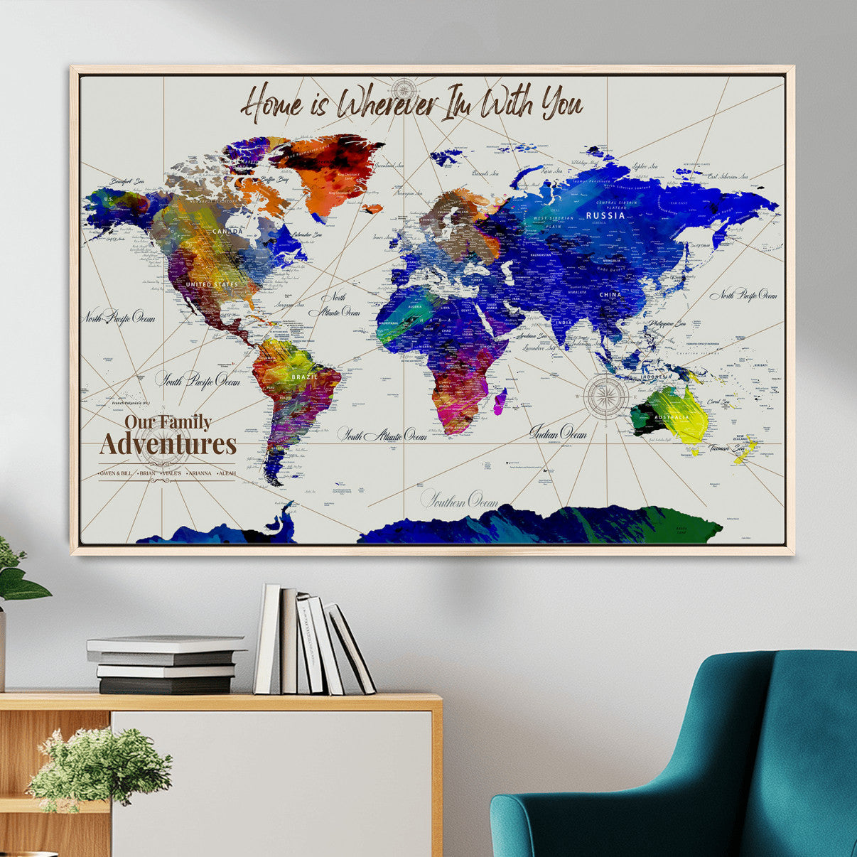 74686301-MGV-FC-36X24 - Customized Push Pin World Map Wall Art Canvas Print with Pins, Personalized Travel Tracker Map, Framed World Map for Living Room, Office and Home Decor