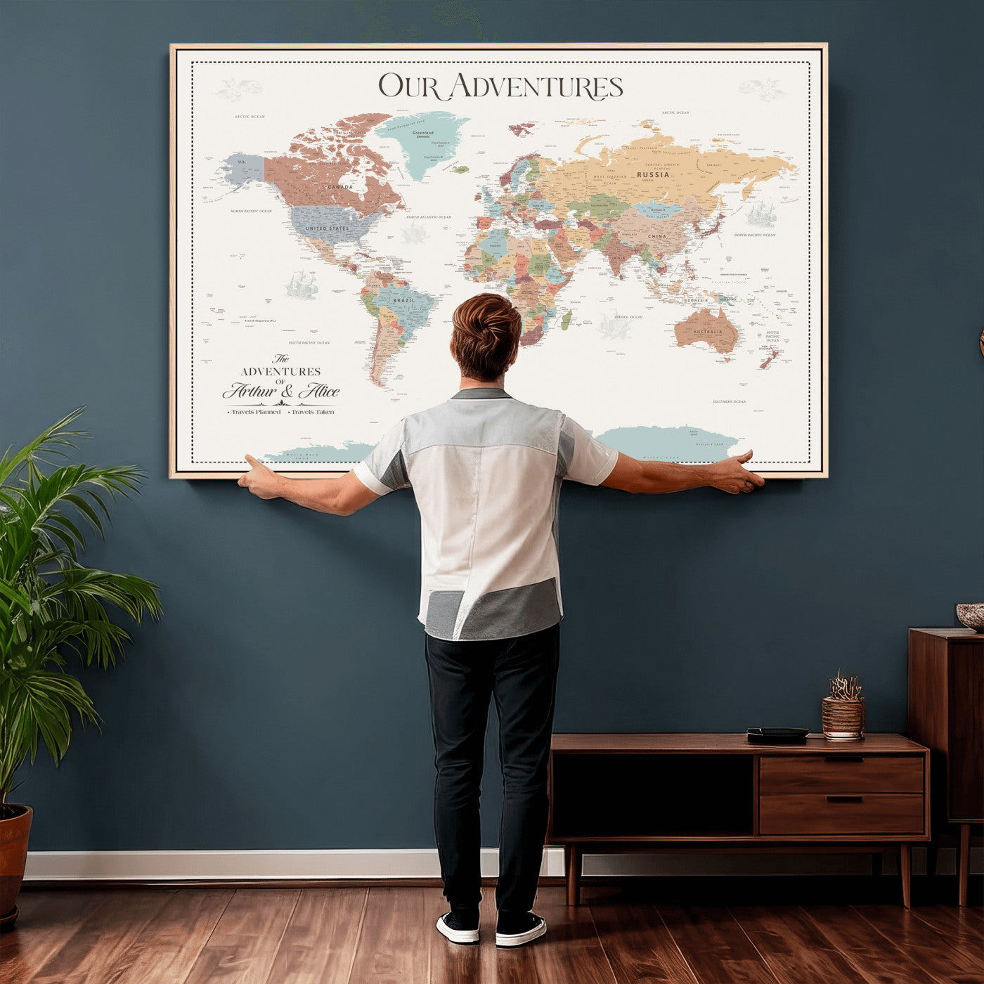 63033739-MGV-FC-36X24 - Personalized Push Pin World Map Wall Art Canvas Print with Pins – Customize Travel Tracker Map for Home and Office Décor