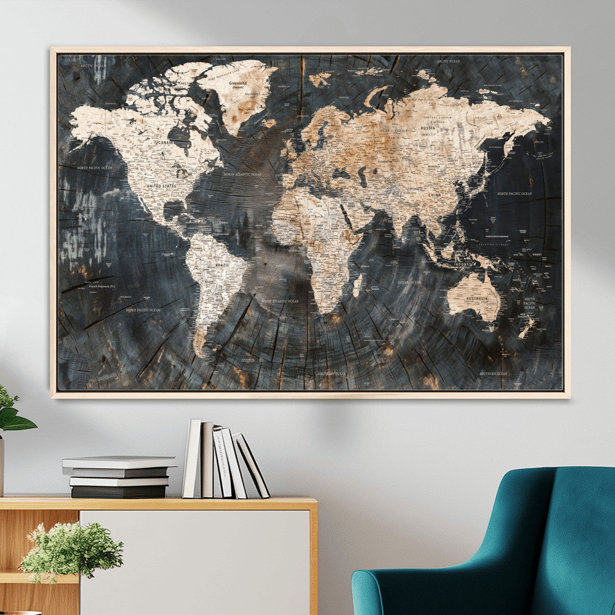 57626704-MGV-FC-36X24 - World Map Wall Art Canvas Print, Modern Decorative Framed Map Artwork Prints for Living Room, Office, Bedroom Wall Decor