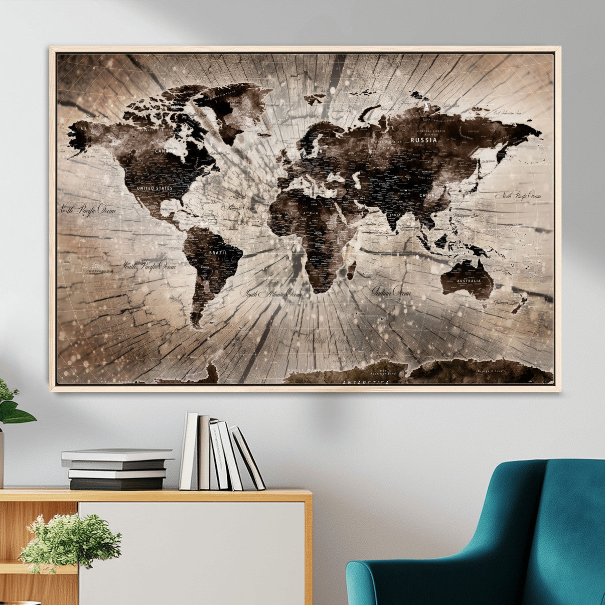 35326624-MGV-FC-36X24 - World Map Wall Art Canvas Print, Modern Decorative Framed Map Artwork Prints for Living Room, Office, Bedroom Wall Decor
