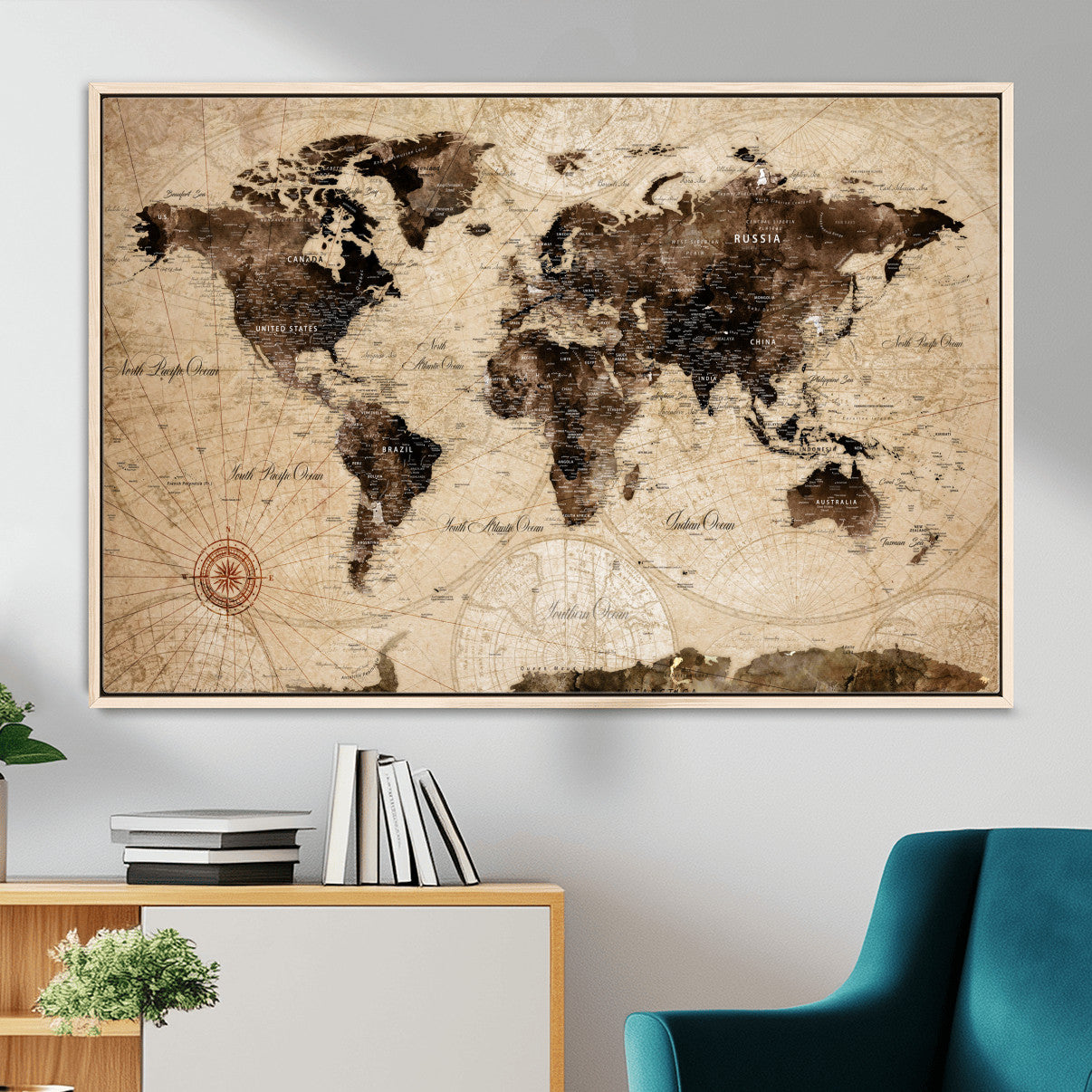 97114757-MGV-FC-36X24 - World Map Wall Art Canvas Print, Modern Decorative Framed Map Artwork Prints for Living Room, Office, Bedroom Wall Decor