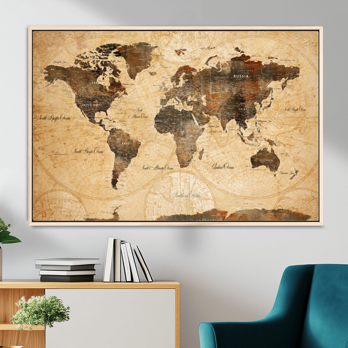 14542905-MGV-FC-36X24 - World Map Wall Art Canvas Print, Modern Decorative Framed Map Artwork Prints for Living Room, Office, Bedroom Wall Decor