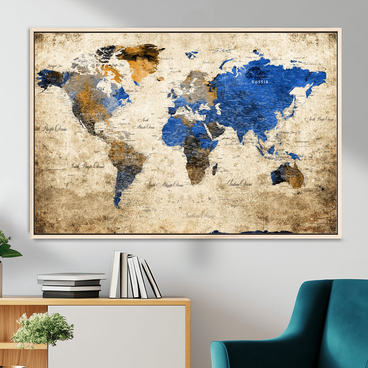 13564339-MGV-FC-36X24 - World Map Wall Art Canvas Print, Modern Decorative Framed Map Artwork Prints for Living Room, Office, Bedroom Wall Decor