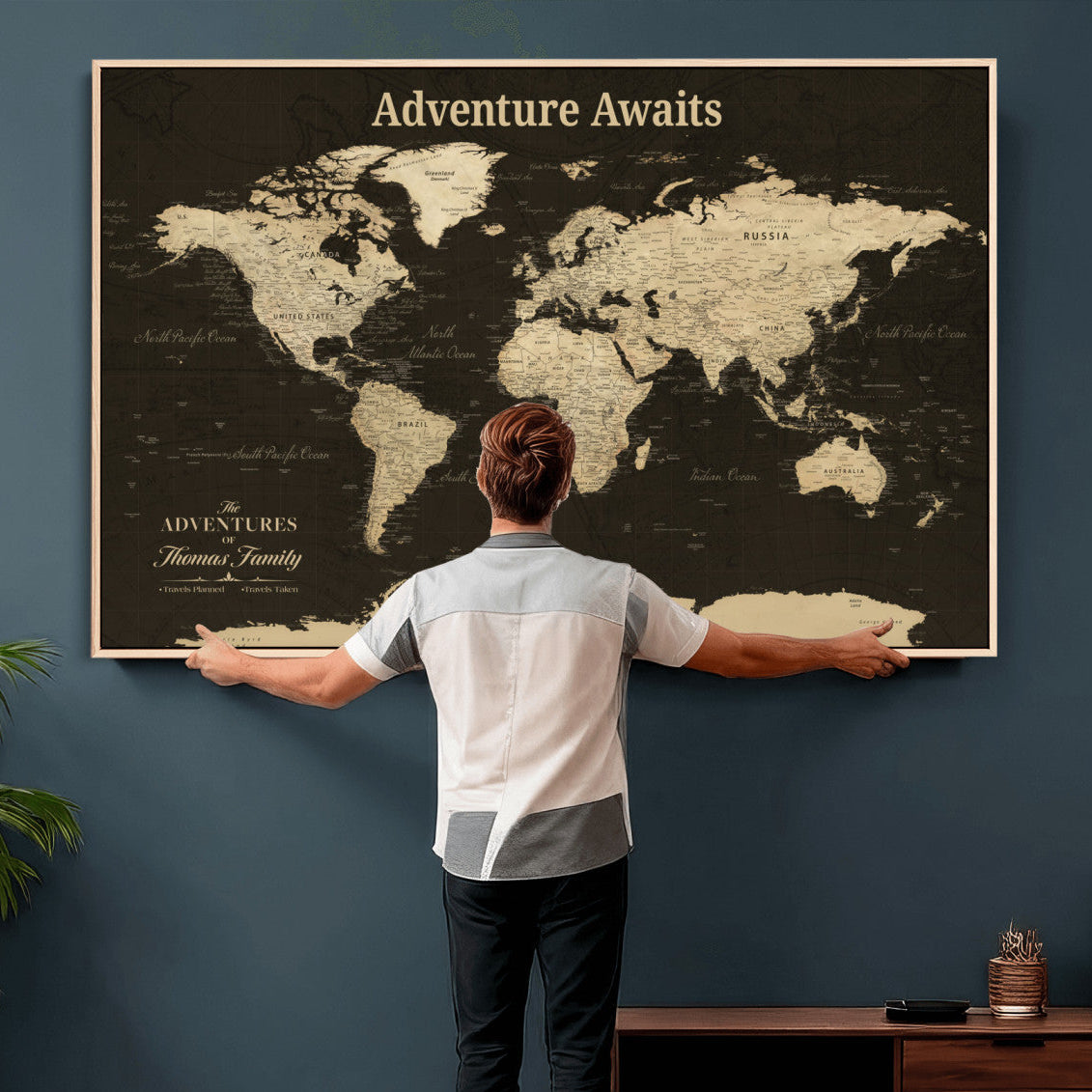 67940426-MGV-FC-36X24 - Customized Push Pin World Map Wall Art Canvas Print with Pins, Framed Personalize Travel Tracker Map, World Map for Living Room and Office Decor
