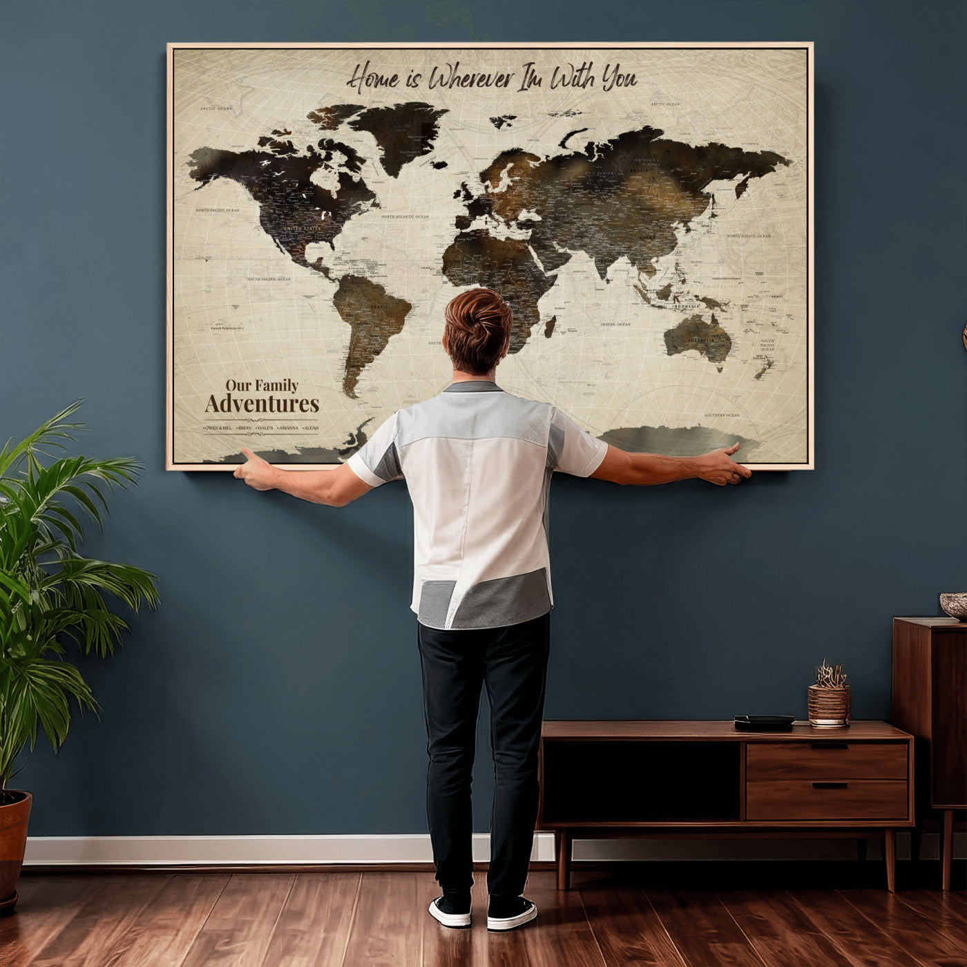 44658041-MGV-FC-36X24 - Customized Push Pin World Map Wall Art Canvas Print with Pins, Framed Personalize Travel Tracker Map, World Map for Living Room and Office Decor