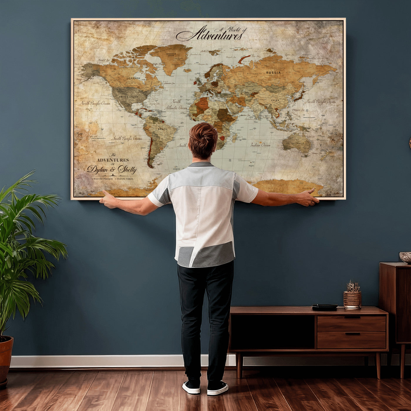 54461872-MGV-CV-36X24 - Custom Push Pin World Map Wall Art Canvas Print - Personalized Travel Tracker with Pins Framed Large for Home and Office Decor