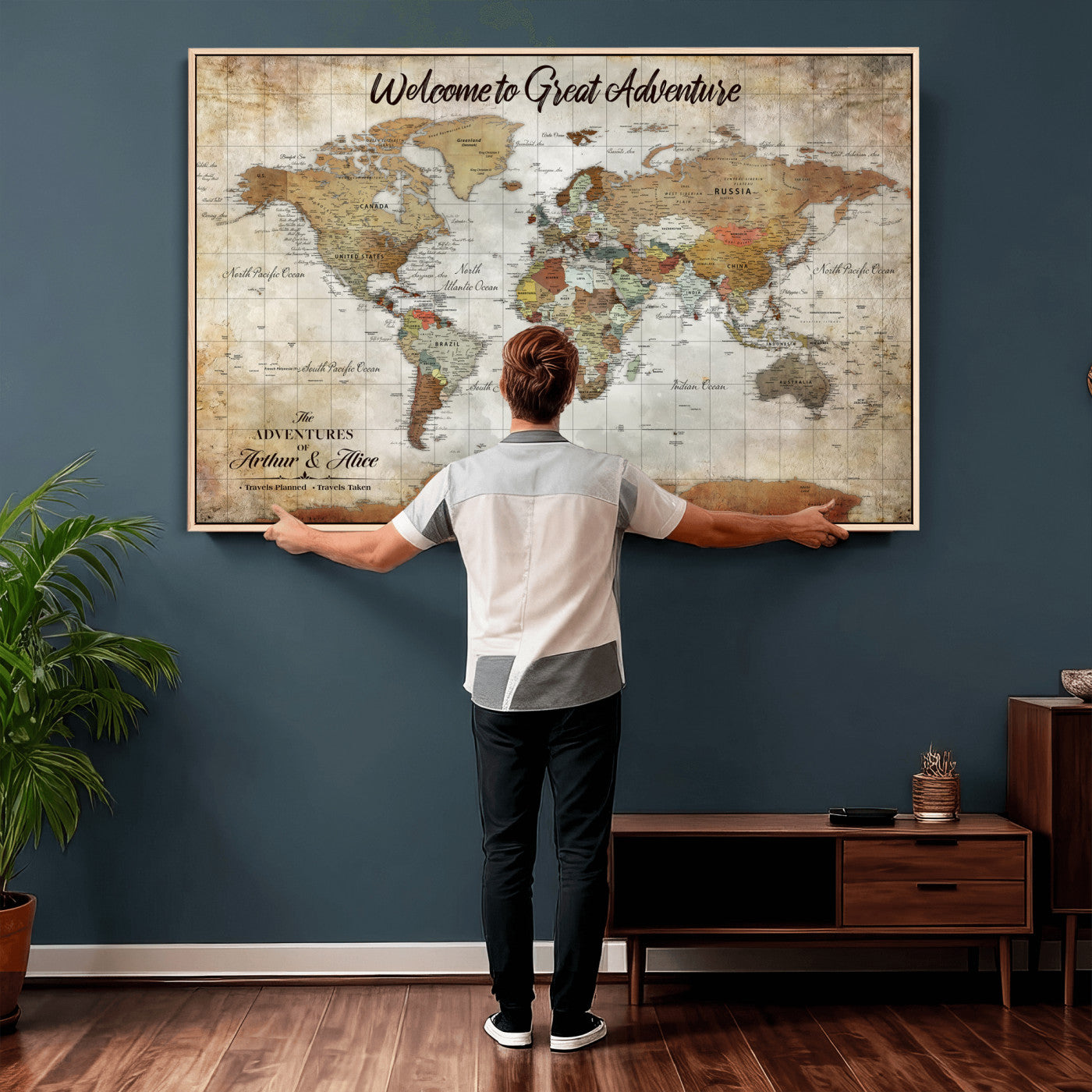 22906161-MGV-CV-36X24 - Custom Push Pin World Map Wall Art Canvas Print – Personalized Travel Tracker with Pins Framed Large for Home and Office Decor