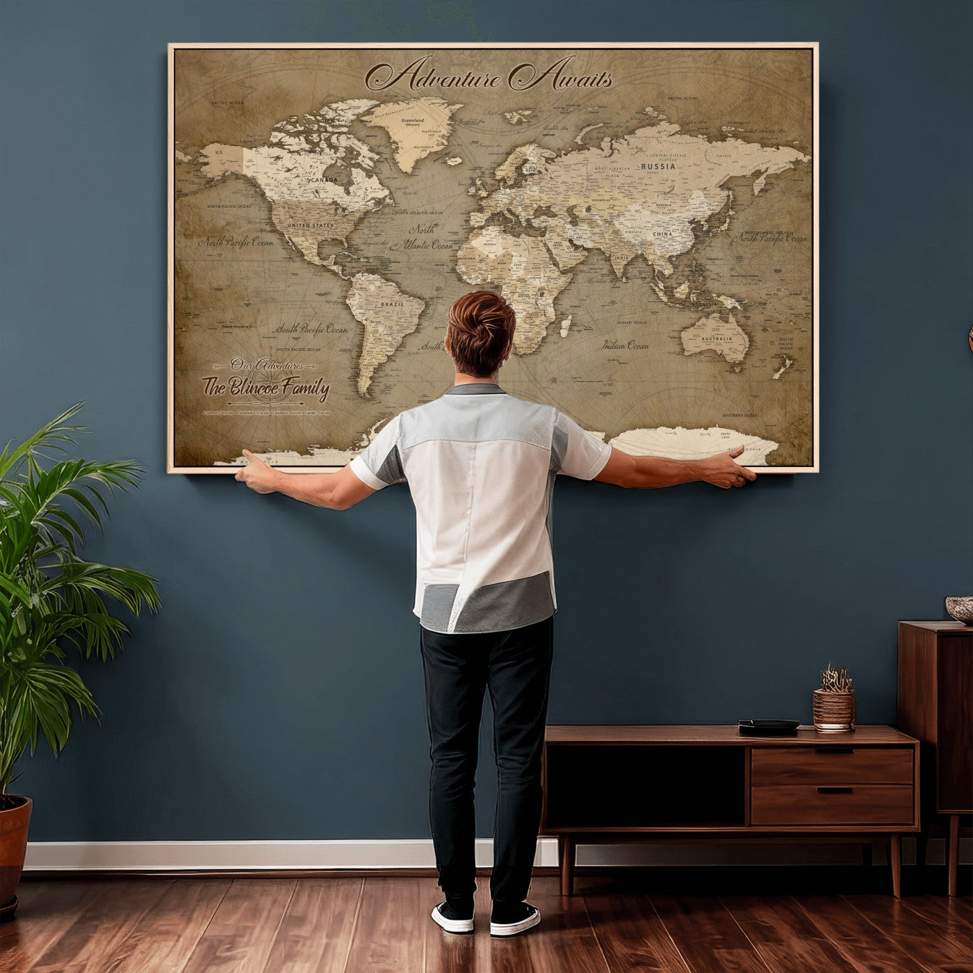 96775856-MGV-CV-36X24 - Custom Push Pin World Map Wall Art Canvas Print – Personalized Travel Tracker with Pins Framed Large for Home and Office Decor