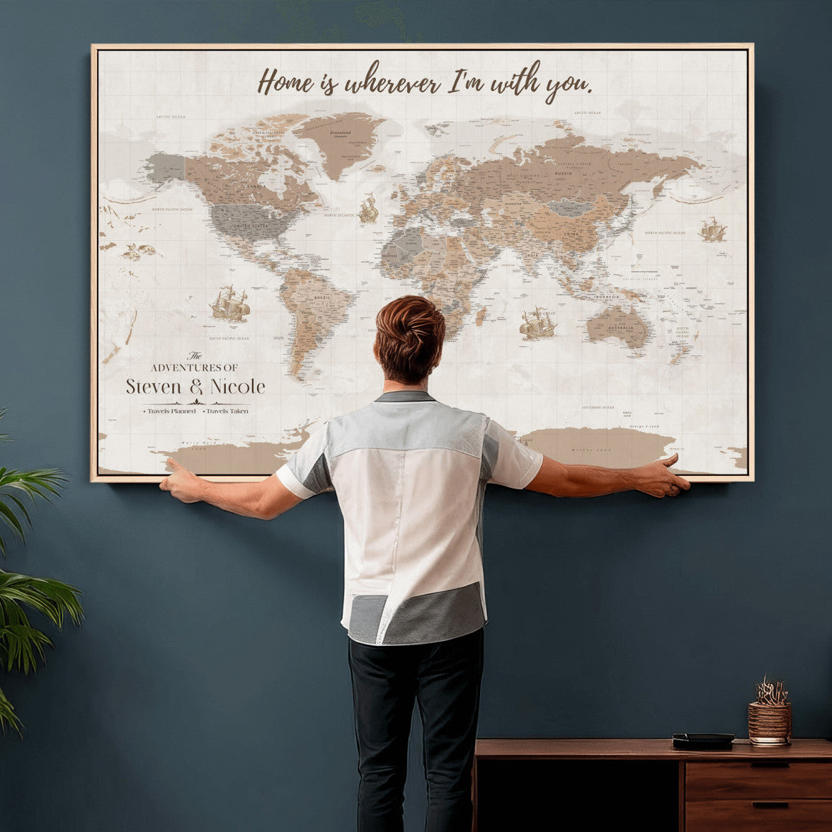 25831578-MGV-CV-36X24 - Custom Push Pin World Map Wall Art Canvas Print – Personalized Travel Tracker with Pins Framed Large for Home and Office Decor
