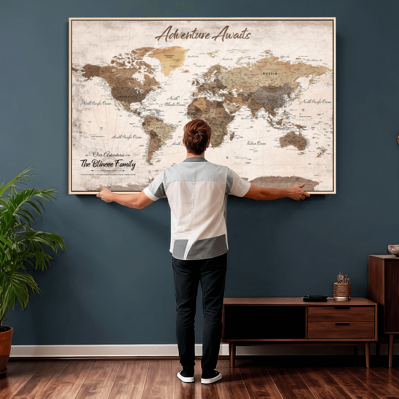 70887266-MGV-CV-36X24 - Custom Push Pin World Map Wall Art Canvas Print – Personalized Travel Tracker with Pins Framed Large for Home and Office Decor