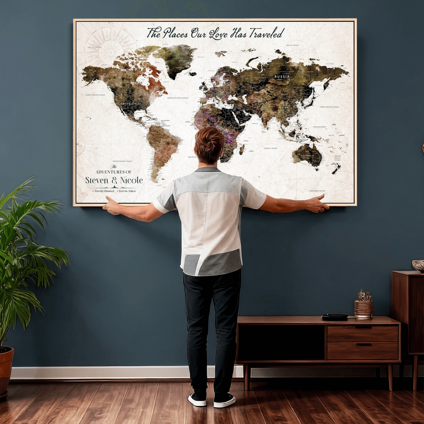 34345515-MGV-CV-36X24 - Custom Push Pin World Map Wall Art Canvas Print – Personalized Travel Tracker with Pins Framed Large for Home and Office Decor