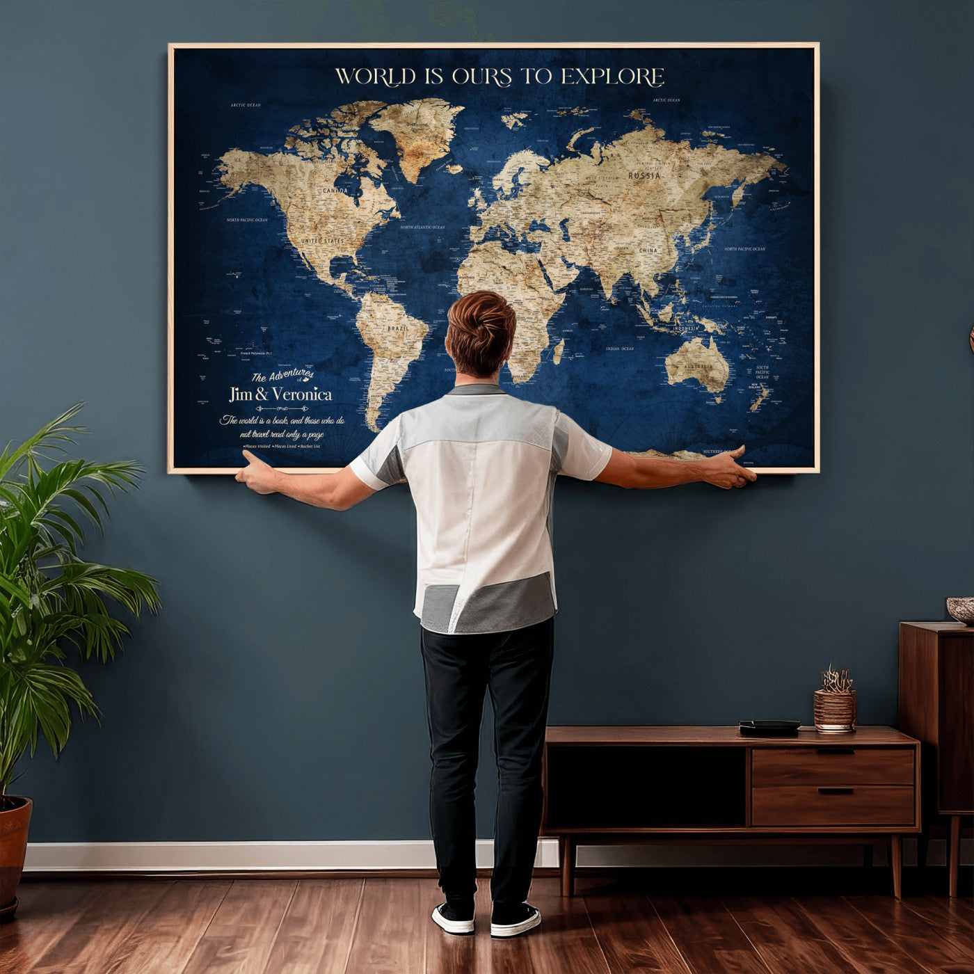 35296308-MGV-CV-36X24 - Custom Push Pin World Map Wall Art Canvas Print – Personalized Travel Tracker with Pins Framed Large for Home and Office Decor