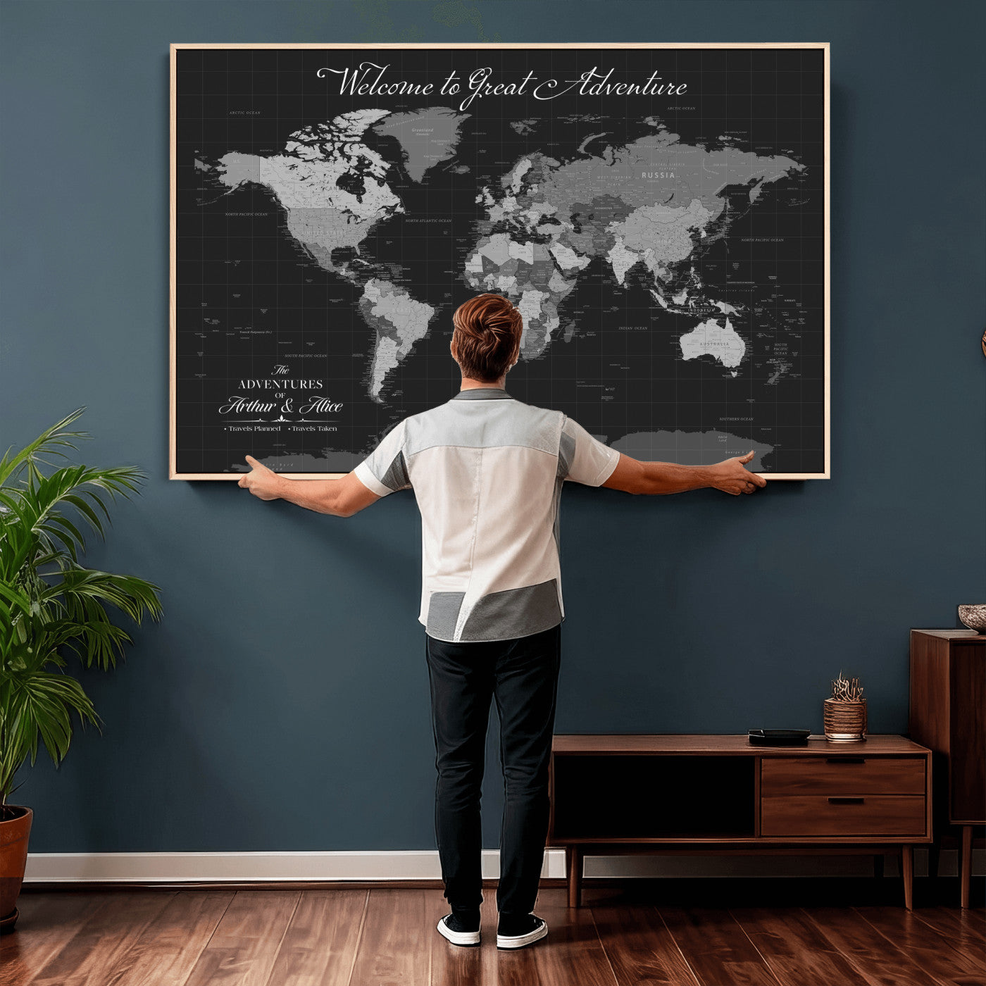 57127599-MGV-CV-36X24 - Custom Push Pin World Map Wall Art Canvas Print – Personalized Travel Tracker with Pins Framed Large for Home and Office Decor