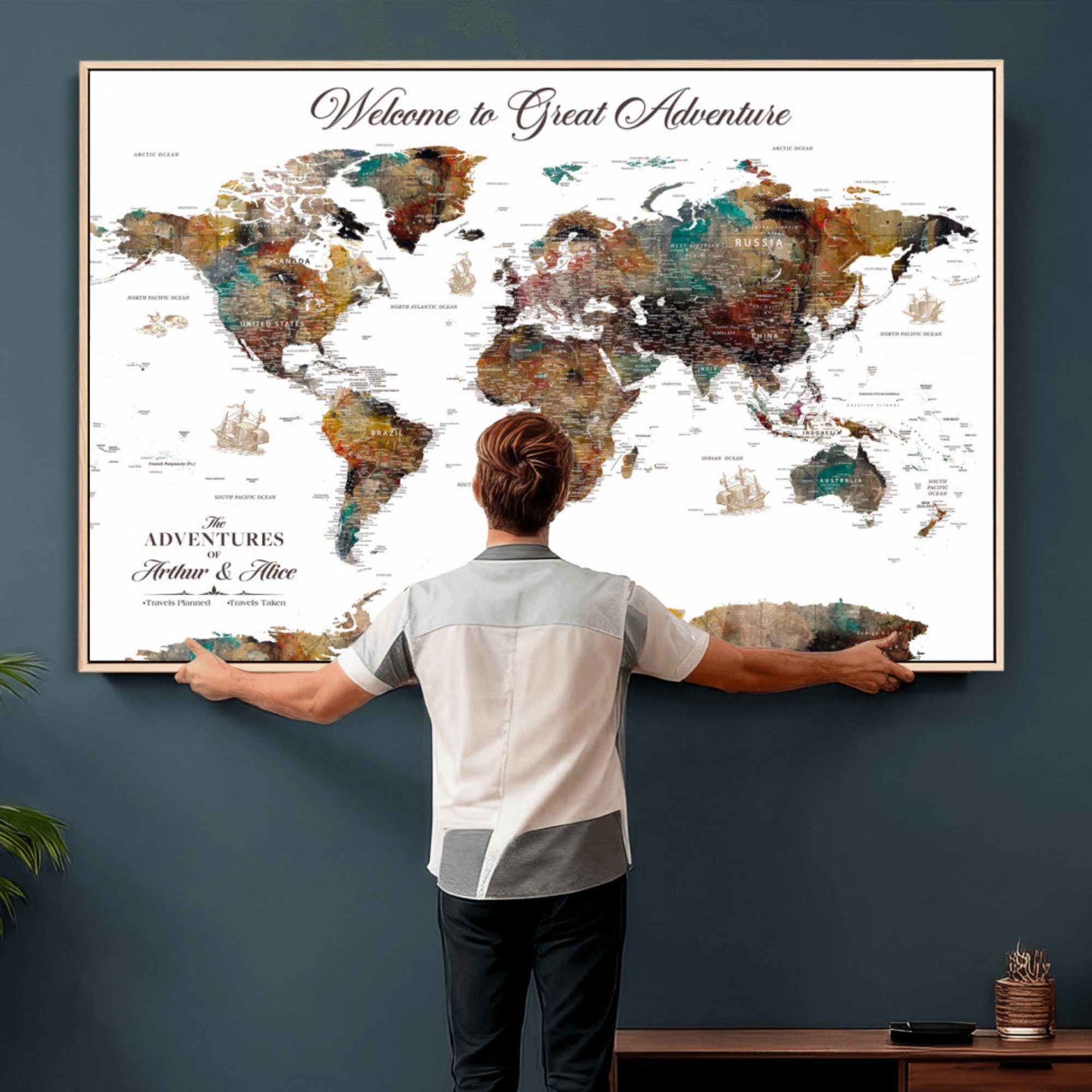 20271103-MGV-CV-36X24 - Custom Push Pin World Map Wall Art Canvas Print – Personalized Travel Tracker with Pins Framed Large for Home and Office Decor