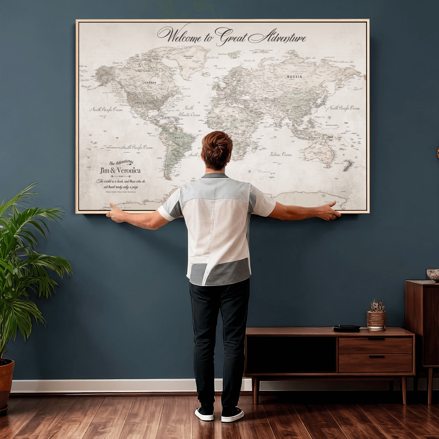 84311132-MGV-CV-36X24 - Custom Push Pin World Map Wall Art Canvas Print – Personalized Travel Tracker with Pins Framed Large for Home and Office Decor