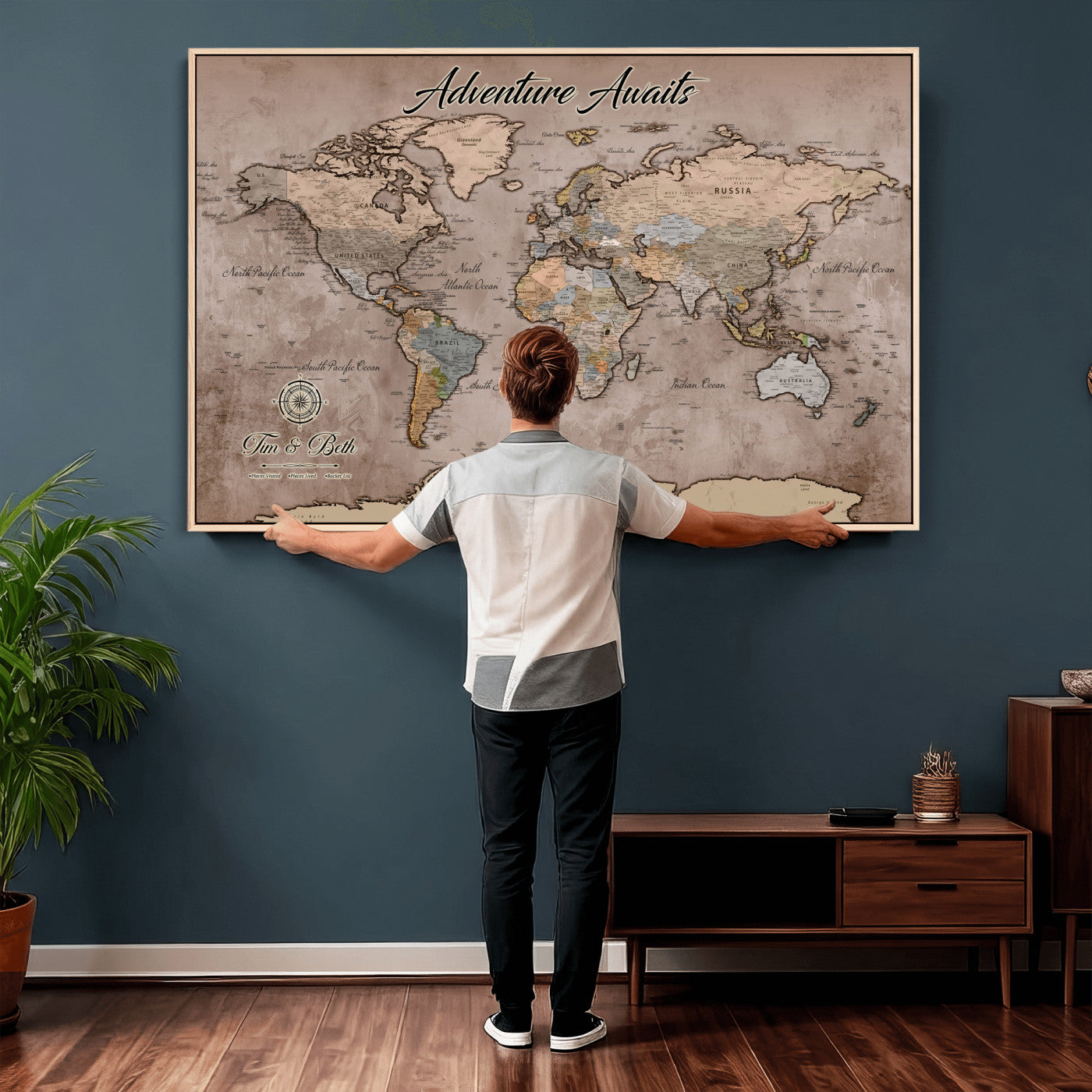 30508877-MGV-CV-36X24 - Custom Push Pin World Map Wall Art Canvas Print – Personalized Travel Tracker with Pins Framed Large for Home and Office Decor