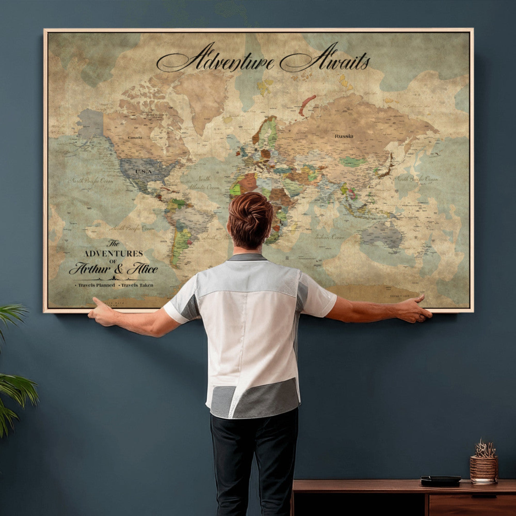 80420159-MGV-CV-36X24 - Custom Push Pin World Map Wall Art Canvas Print – Personalized Travel Tracker with Pins Framed Large for Home and Office Decor