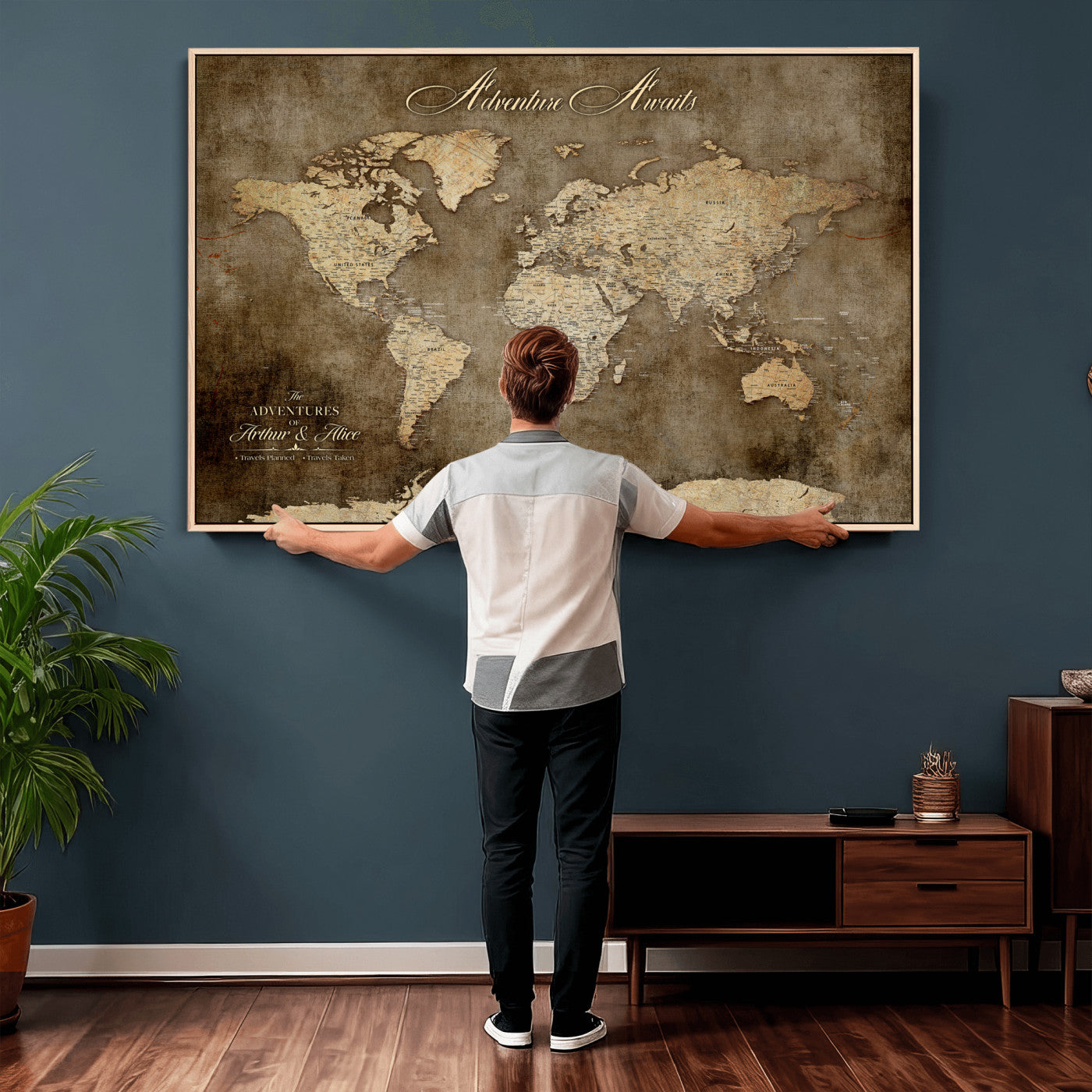 61836190-MGV-CV-36X24 - Custom Push Pin World Map Wall Art Canvas Print – Personalized Travel Tracker with Pins Framed Large for Home and Office Decor