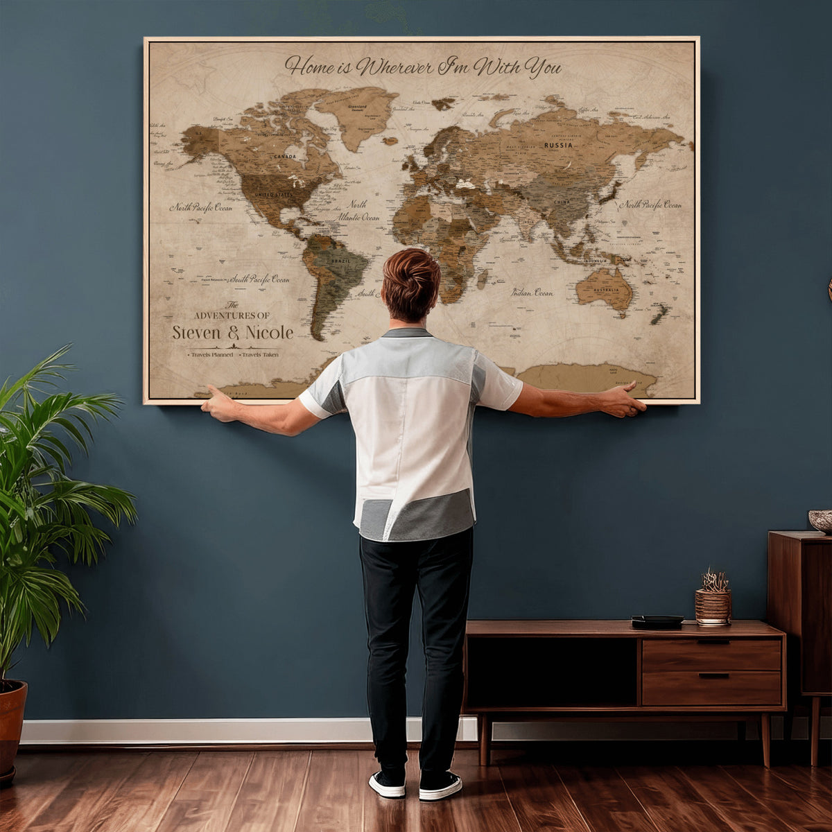 67360040-MGV-CV-36X24 - Personalized Framed Navy Geometric World Map Canvas with Push Pins, Couples Countries Visited Map, Living Room and Hallway Decor