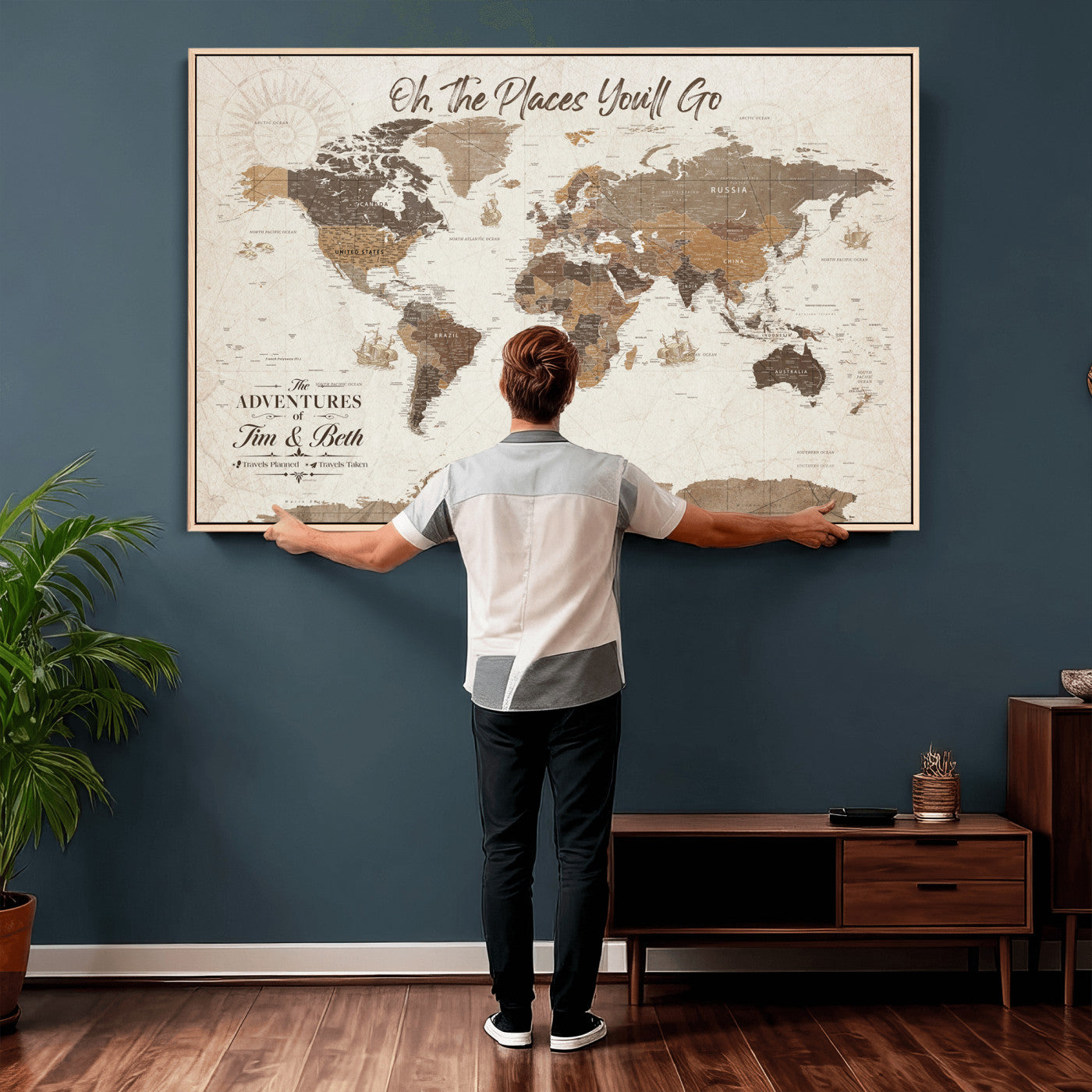 NEWMAP-8-MGV-CV-36X24 - Custom Push Pin World Map Wall Art Canvas Print – Personalized Travel Tracker with Pins Framed Large for Home and Office Decor - NEWMAP-8