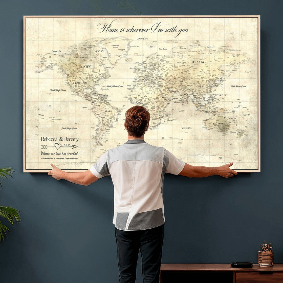 30705590-MGV-CV-36X24 - Custom Push Pin World Map Wall Art Canvas Print – Personalized Travel Tracker with Pins Framed Large for Home and Office Decor