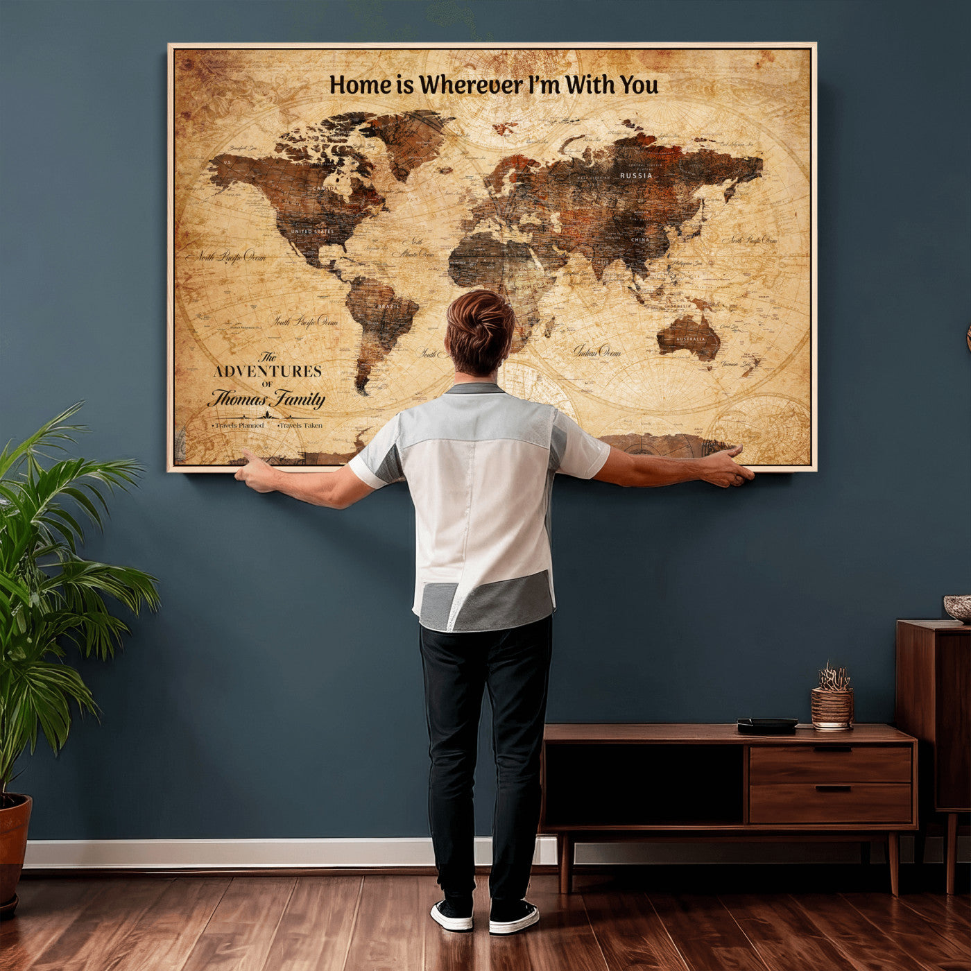 47310001-MGV-CV-36X24 - Custom Push Pin World Map Wall Art Canvas Print – Personalized Travel Tracker with Pins Framed Large for Home and Office Decor